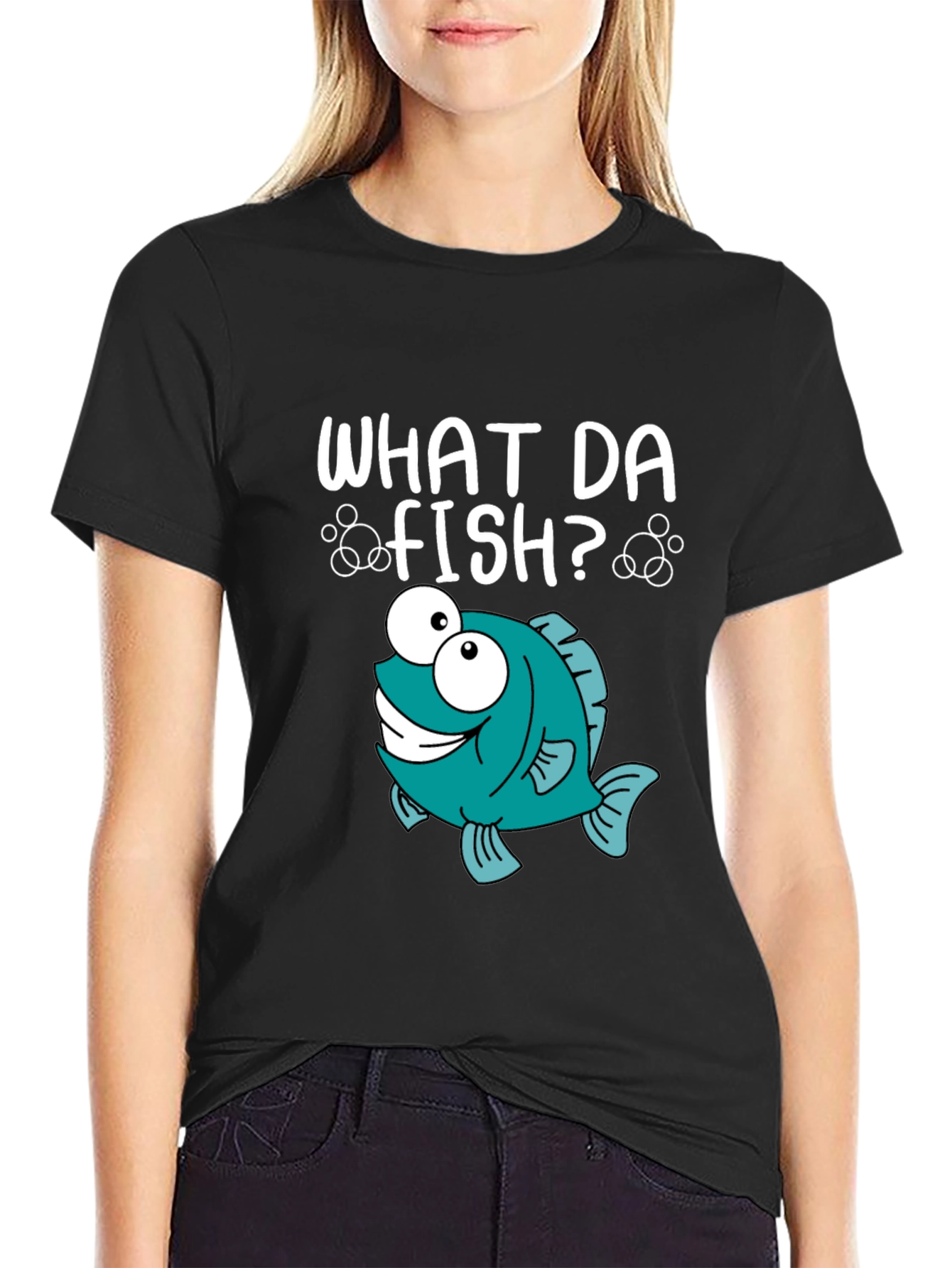Black What Da Fish? Graphic T-Shirt - Funny Cartoon Fish Tee view 2