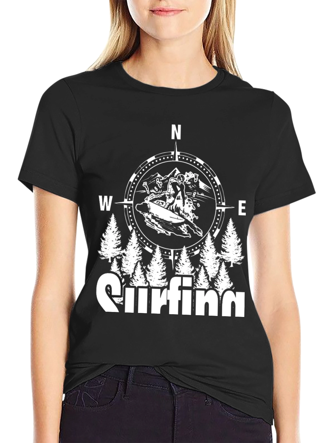 Black Surfing Compass Graphic Black T-Shirt view 2