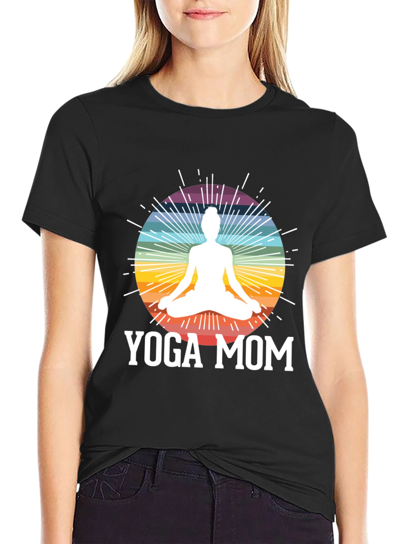 Black Yoga Mom Black T-Shirt - Meditation Rainbow Design view 2