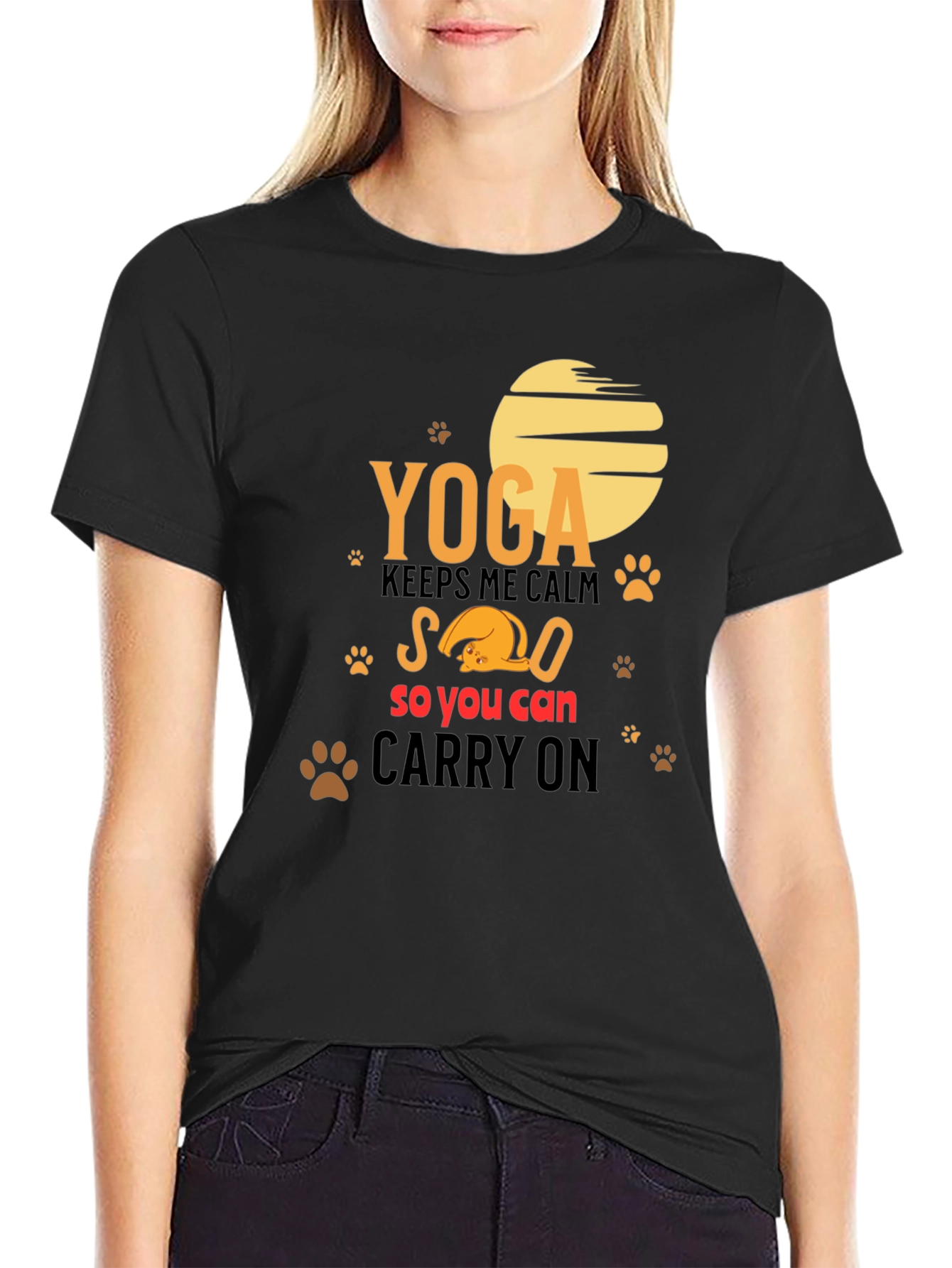 Black Yoga Cat Lover T-Shirt - Carry On Calm Tee view 2