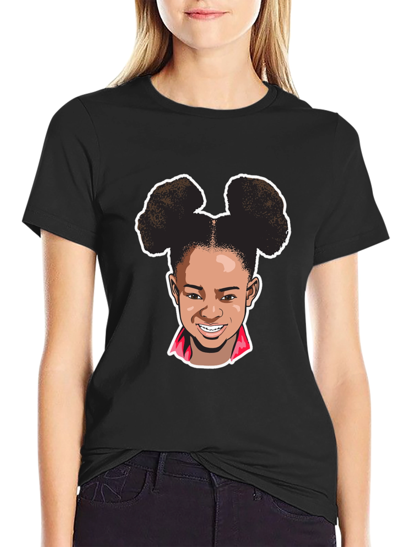 Black Cartoon Girl Graphic Tee - Black Cotton T-Shirt view 2