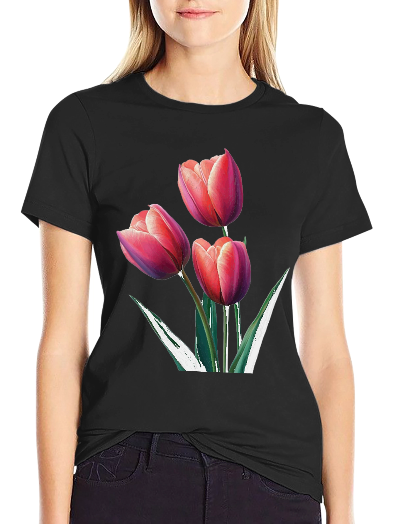 Black Floral Tulip Graphic Black Tee view 2