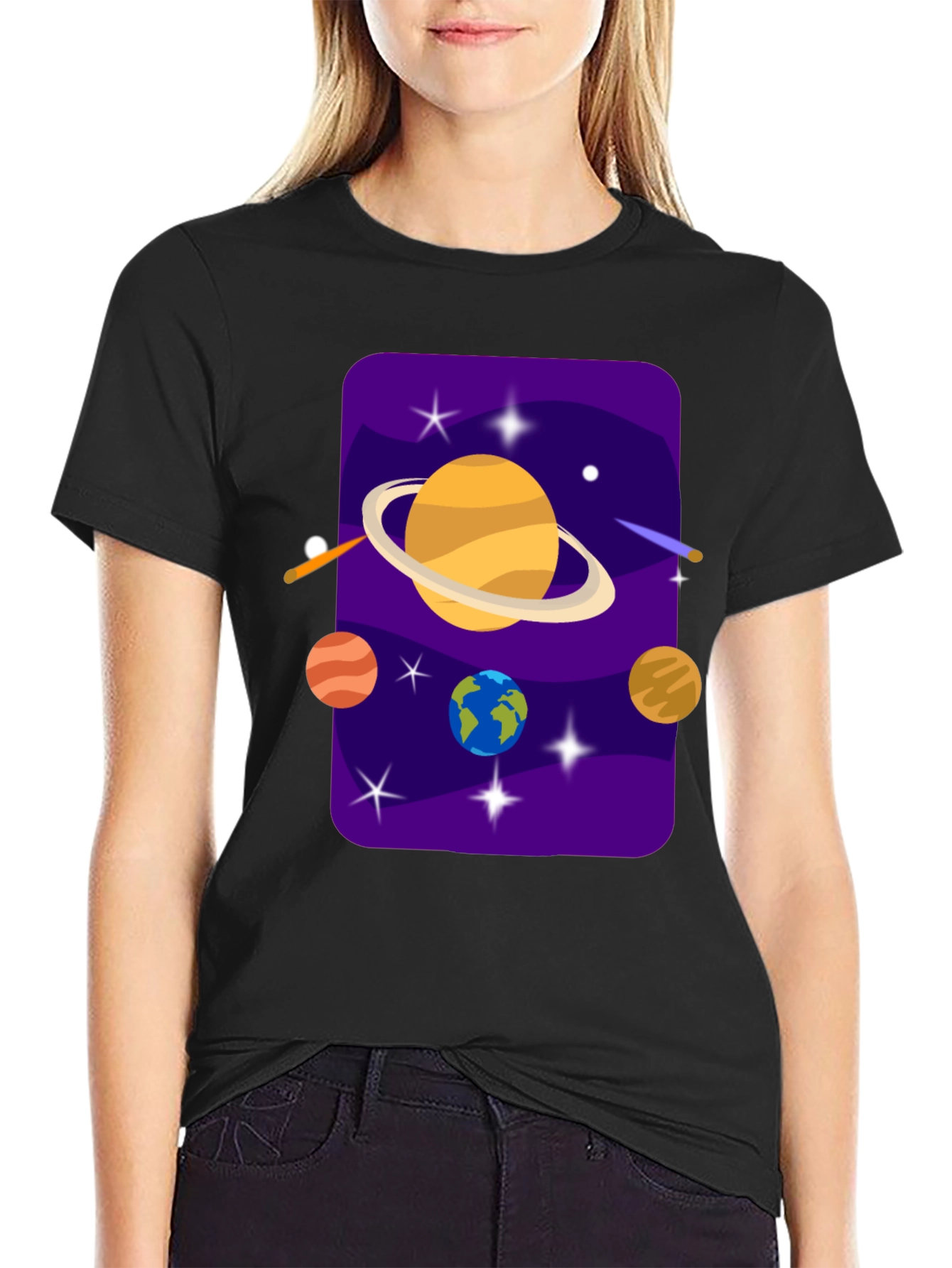 Black Space Galaxy T-Shirt - Planets and Stars Design view 2