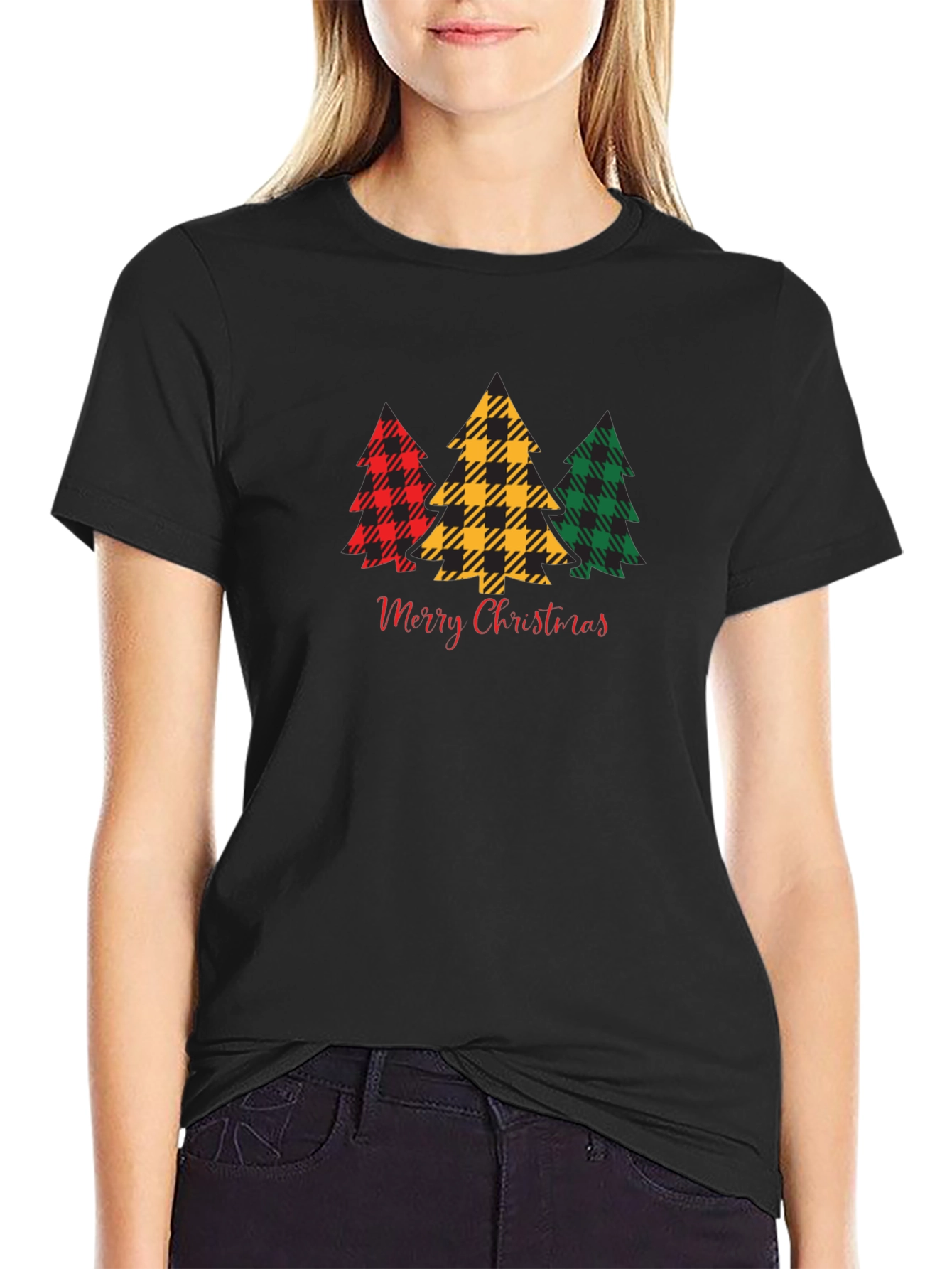 Black Plaid Christmas Tree Graphic Tee view 2