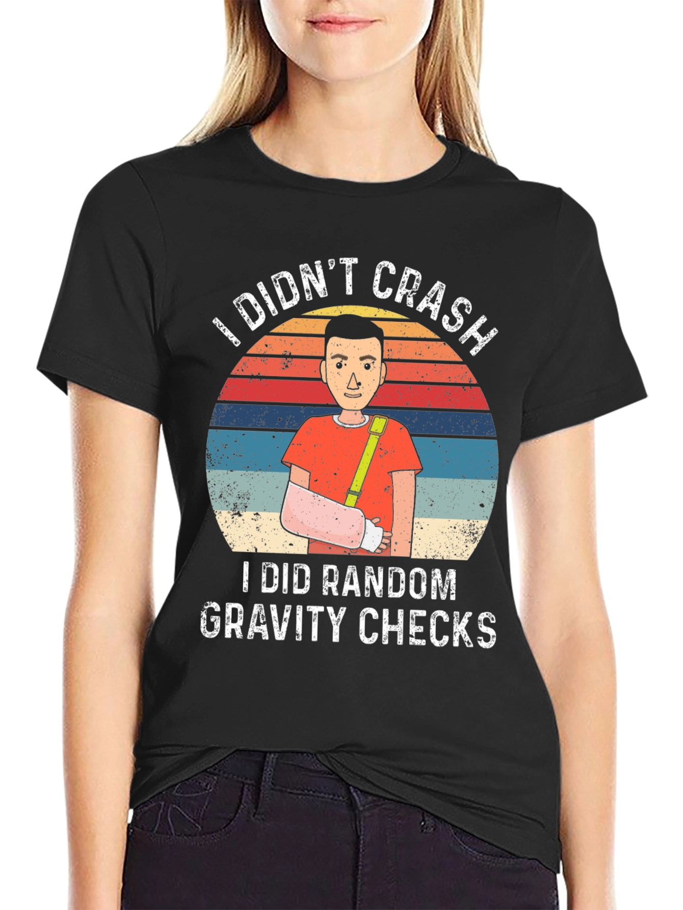 Black Funny Broken Arm Gravity Check T-Shirt view 2