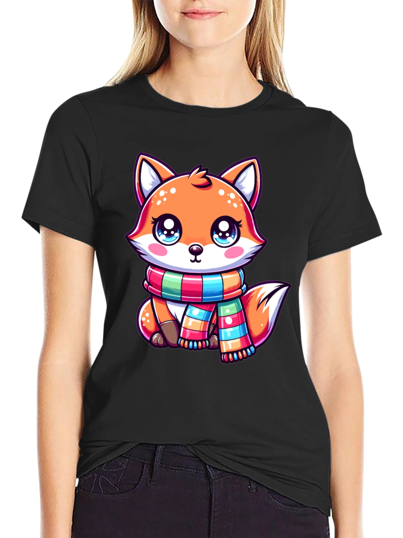Black Cute Fox Scarf Graphic Tee view 2