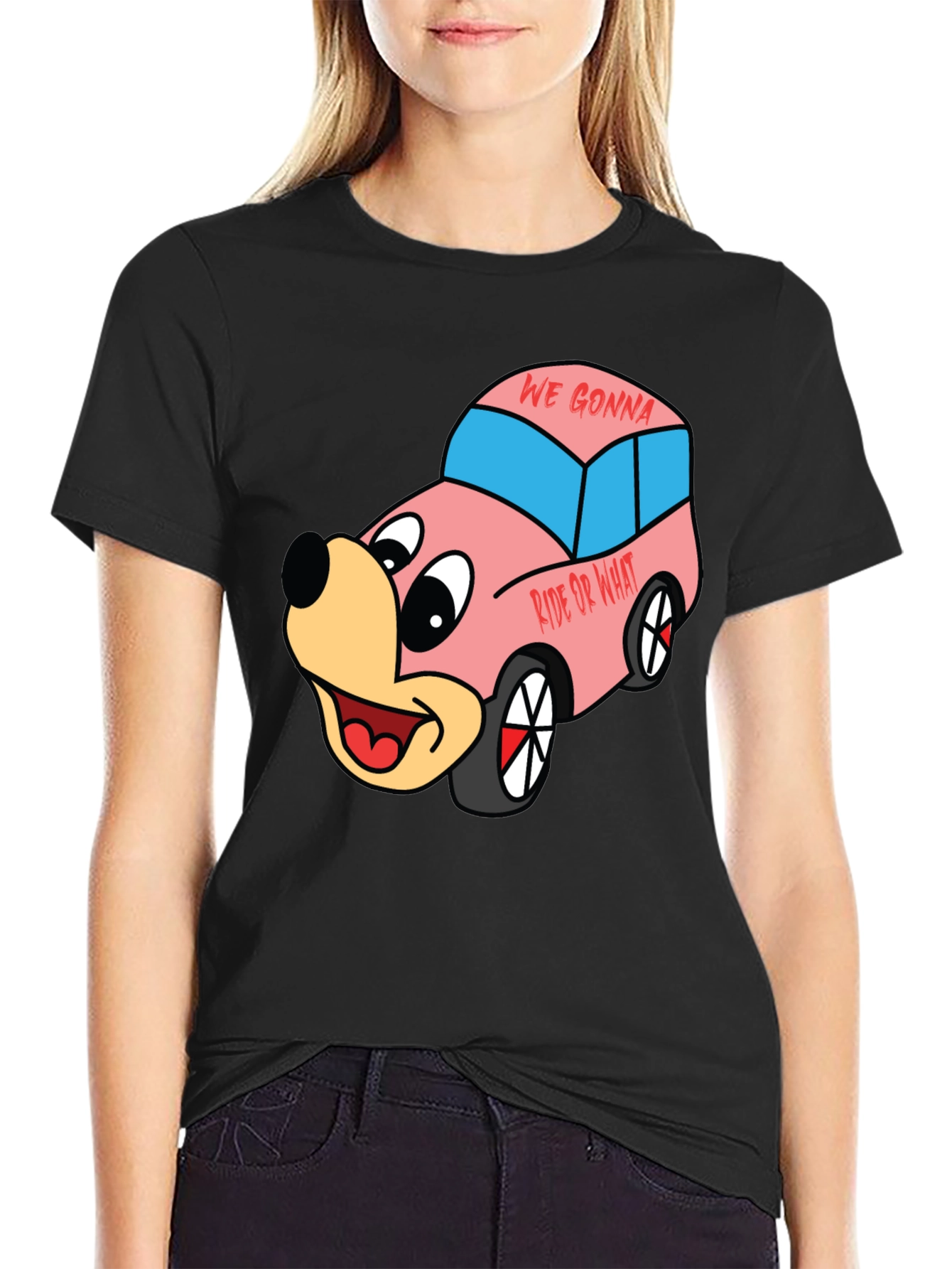Black Cartoon Character Car Graphic T-Shirt view 2