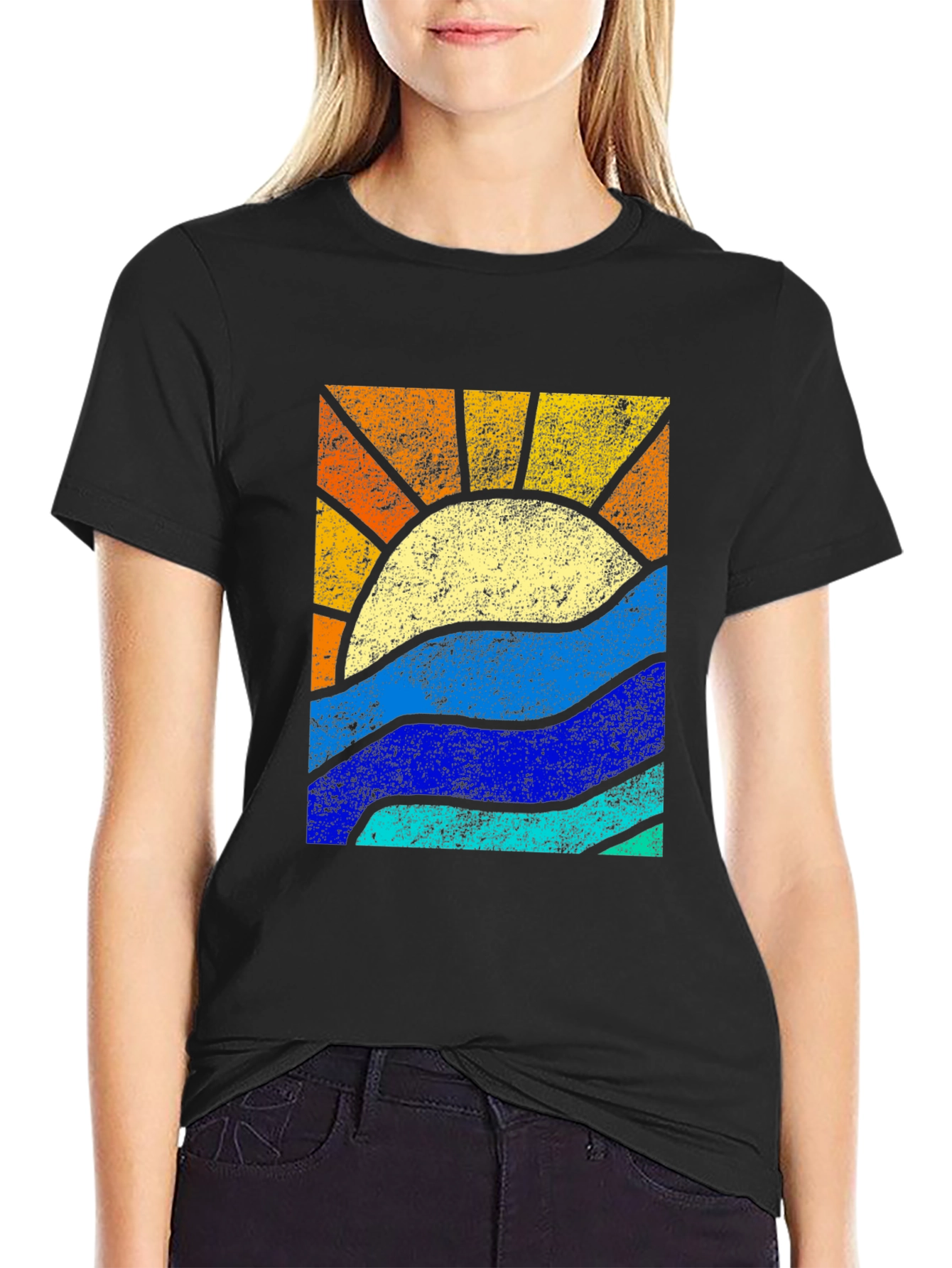 Black Retro Sunset & Waves Graphic Tee - Black view 2