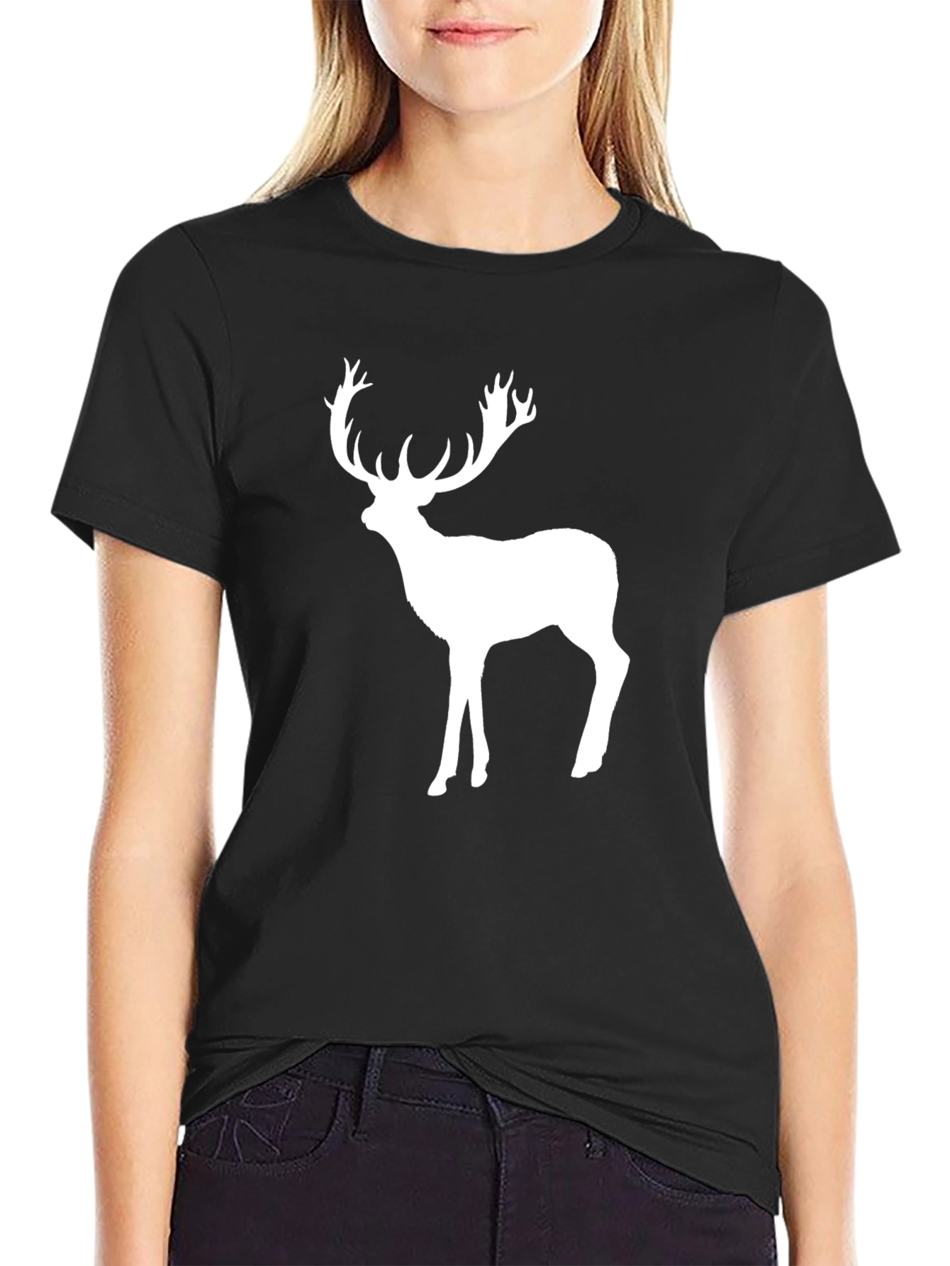 Black Men's Black T-Shirt with White Deer Graphic view 2