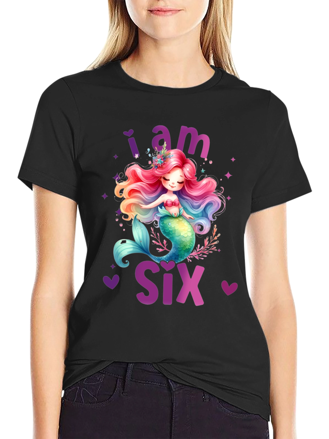 Black I am Six Mermaid Birthday T-Shirt view 2