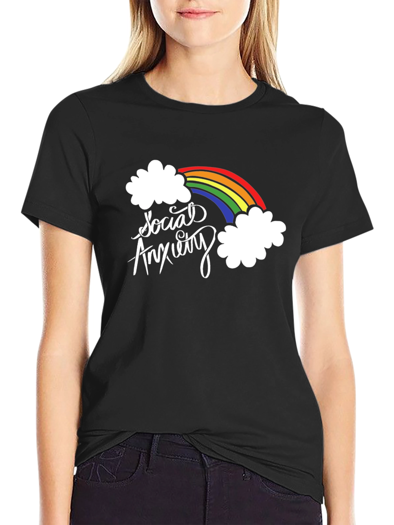 Black Social Anxiety Rainbow Graphic Black T-Shirt view 2