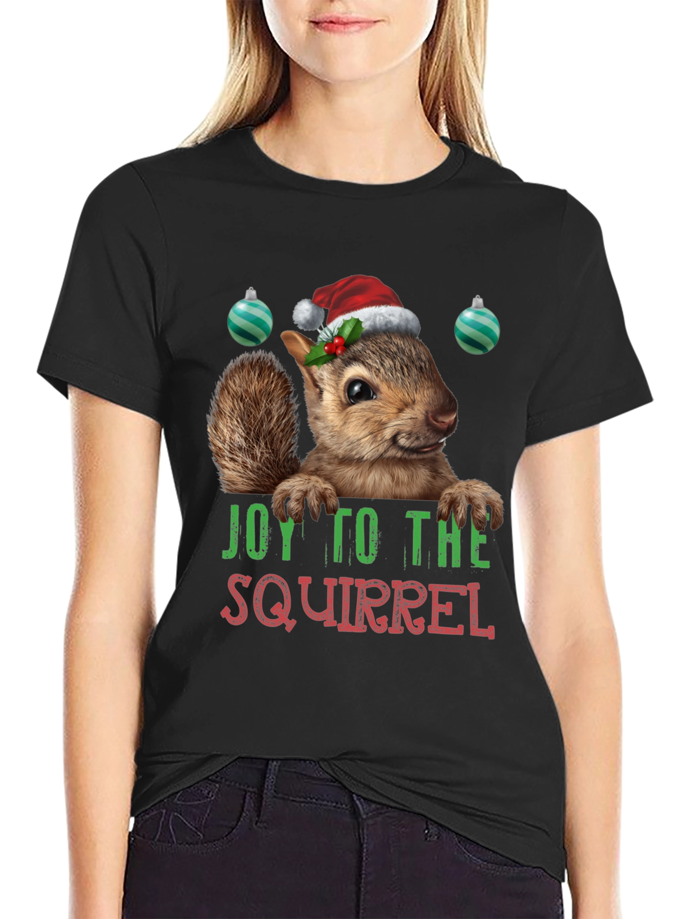 Black Festive Squirrel Graphic Tee - Holiday Joy T-Shirt view 2