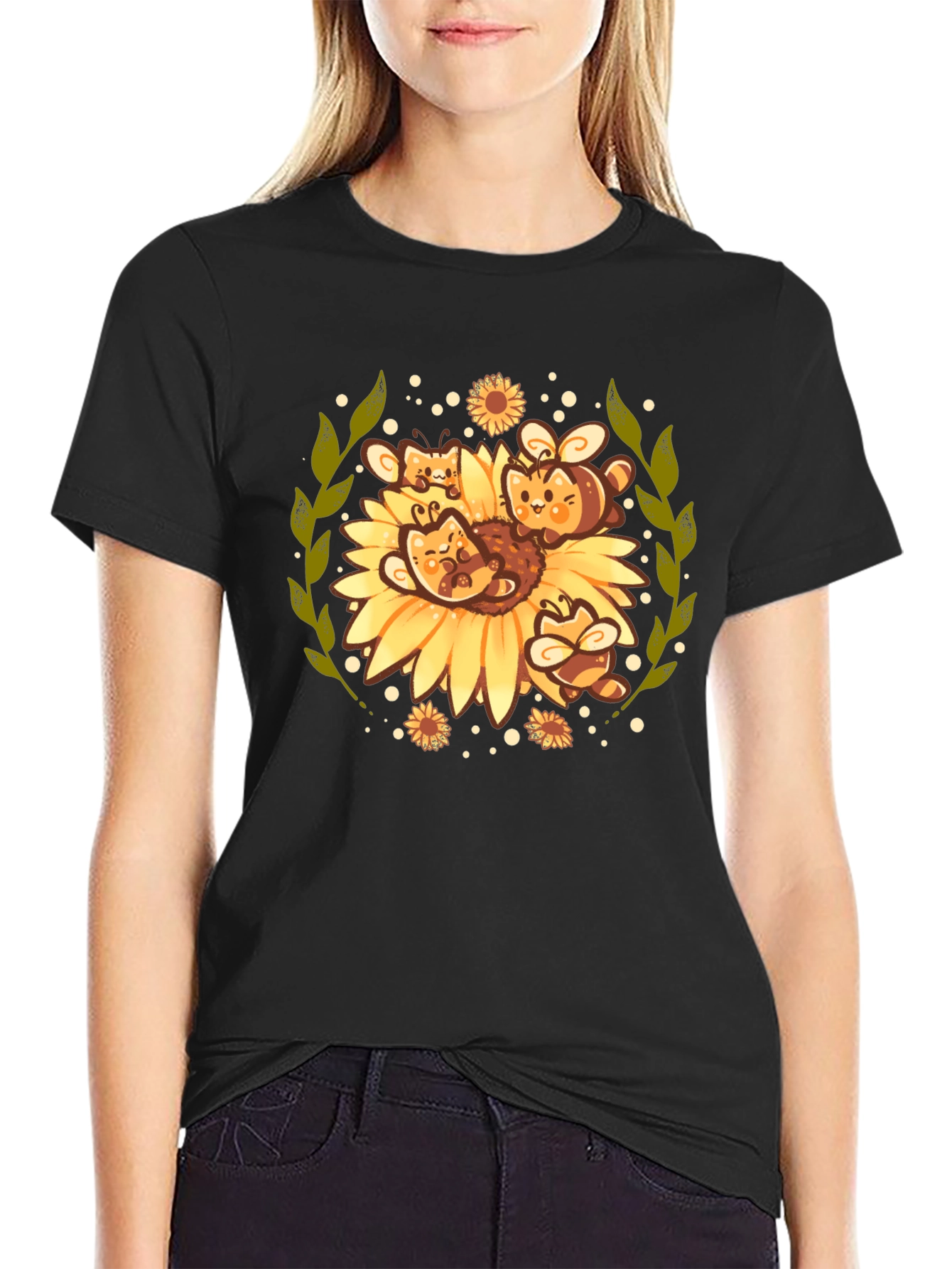 Black Cute Bee & Sunflower Graphic Tee view 2