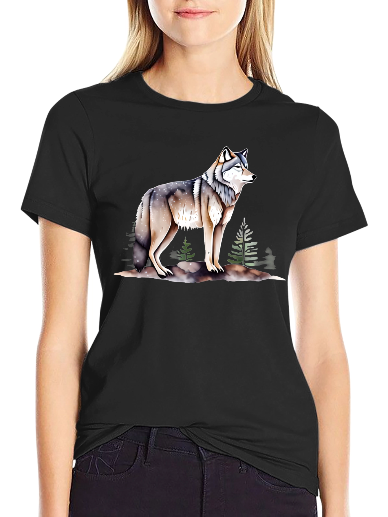 Black Wolf Graphic Print Crew Neck T-Shirt view 2