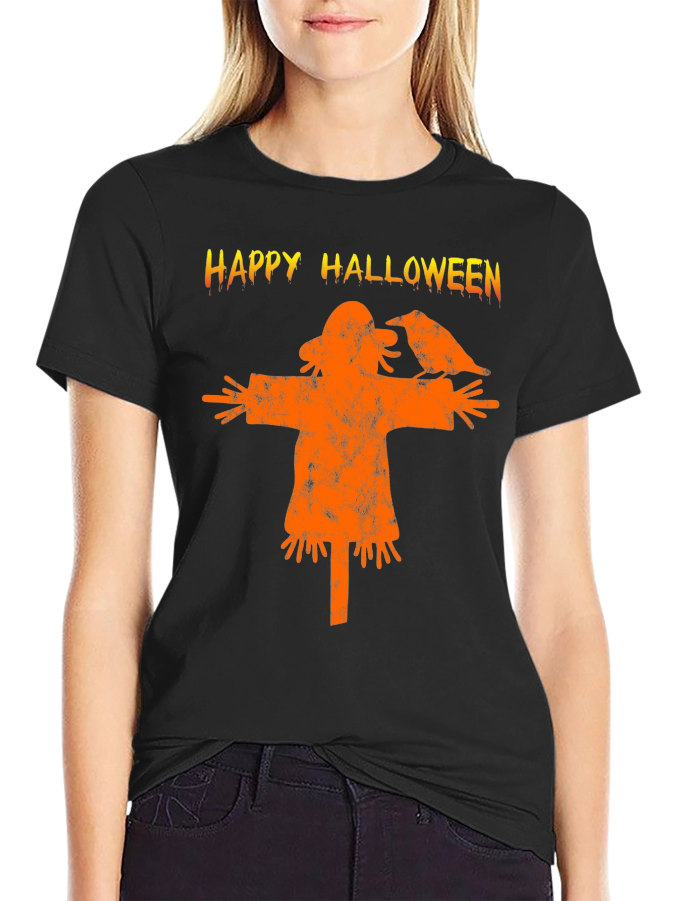 Black Happy Halloween Scarecrow T-Shirt view 2