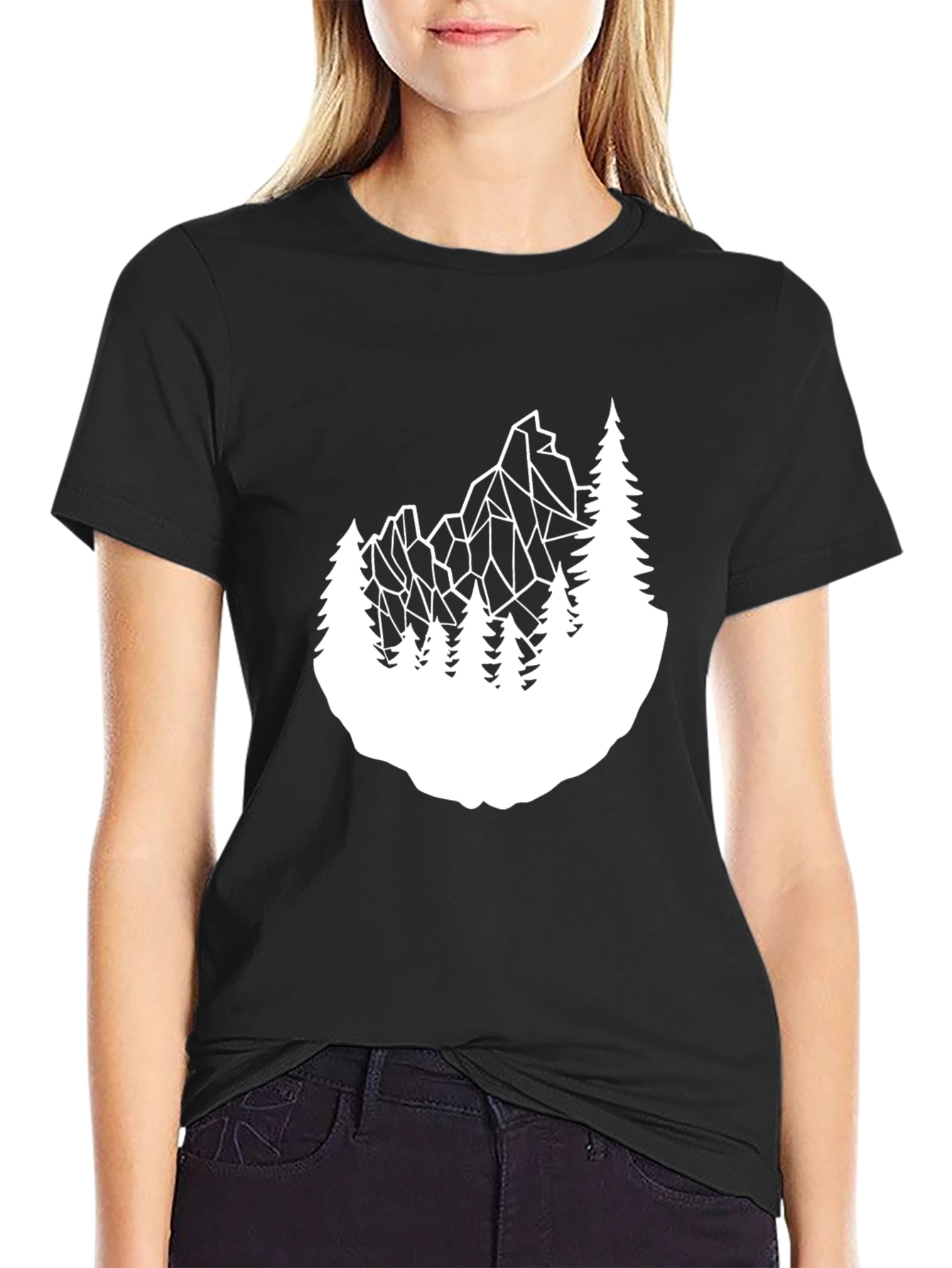 Black Geometric Mountain & Trees Graphic Tee - Black view 2