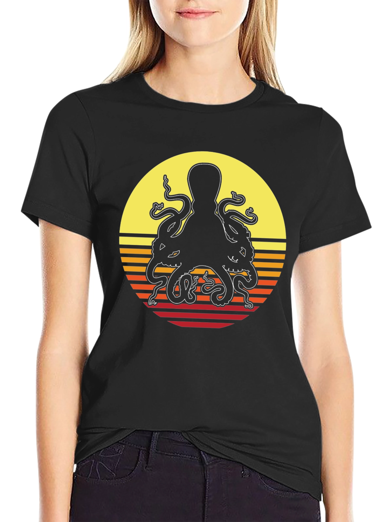 Black Retro Octopus Sunset Graphic T-Shirt view 2
