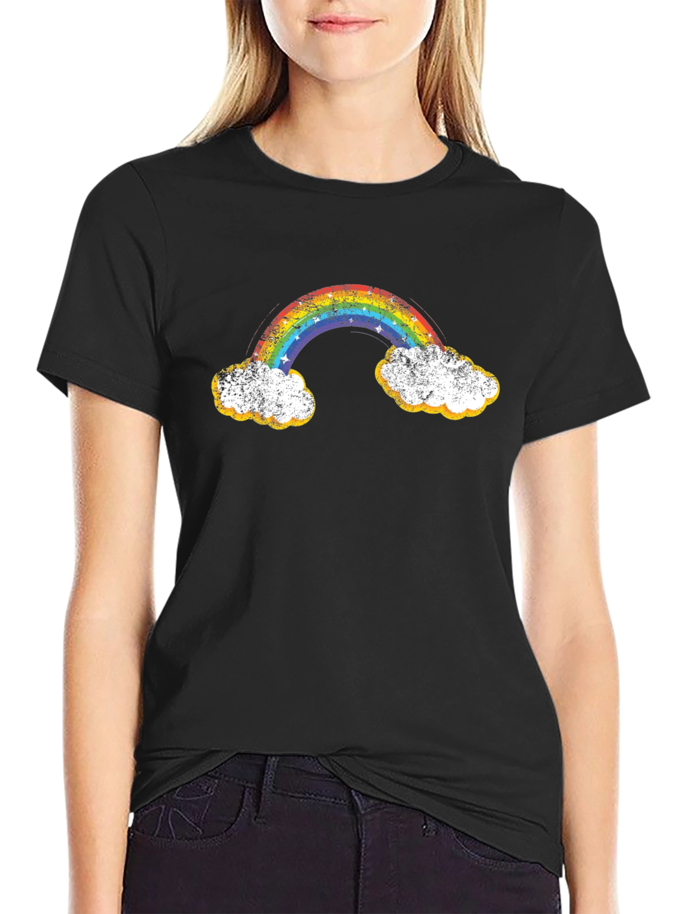 Black Rainbow Cloud Graphic Tee -  Retro Black T-Shirt view 2