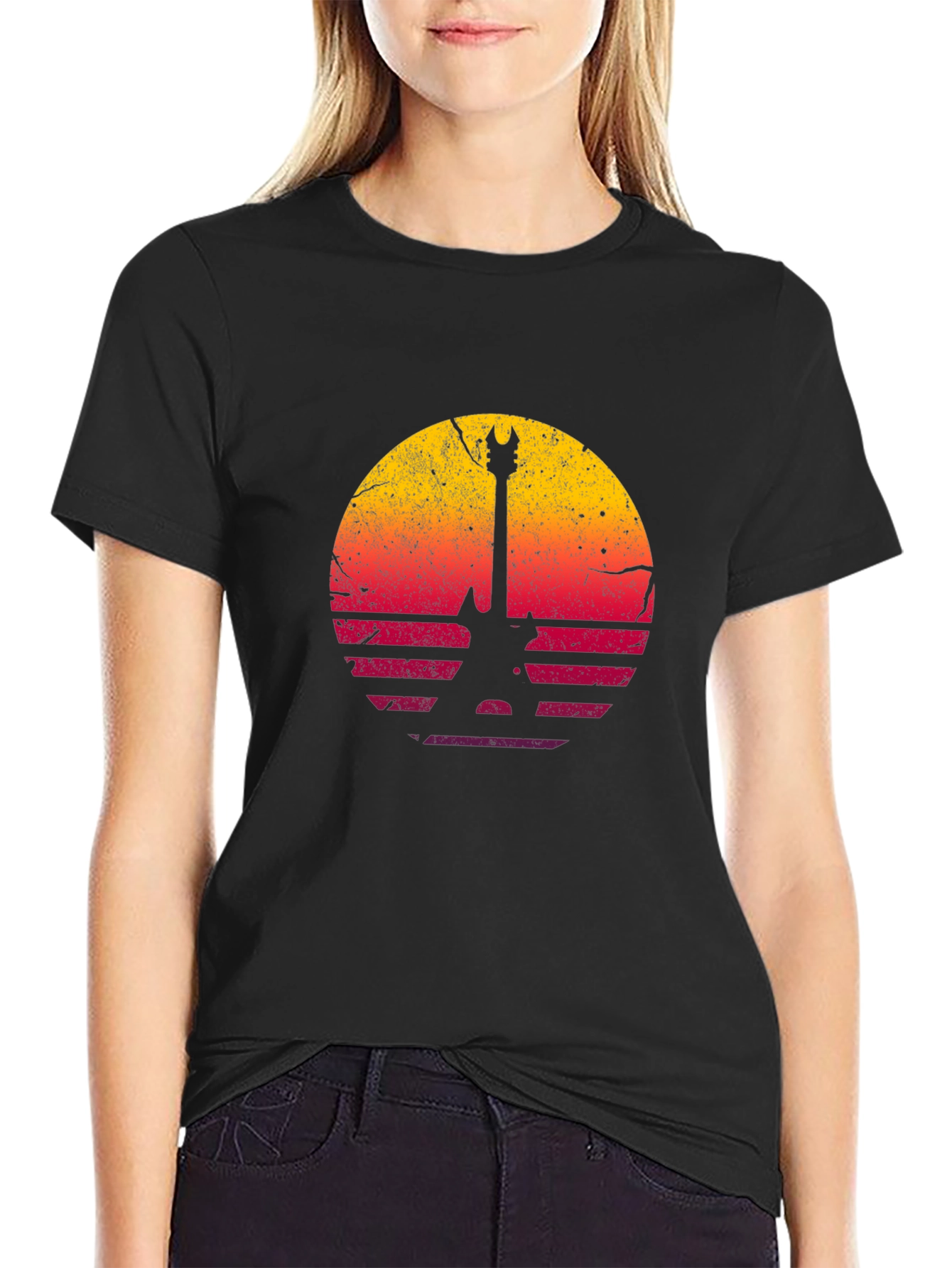 Black Retro Guitar Sunset T-Shirt - Rock Band Graphic Tee view 2