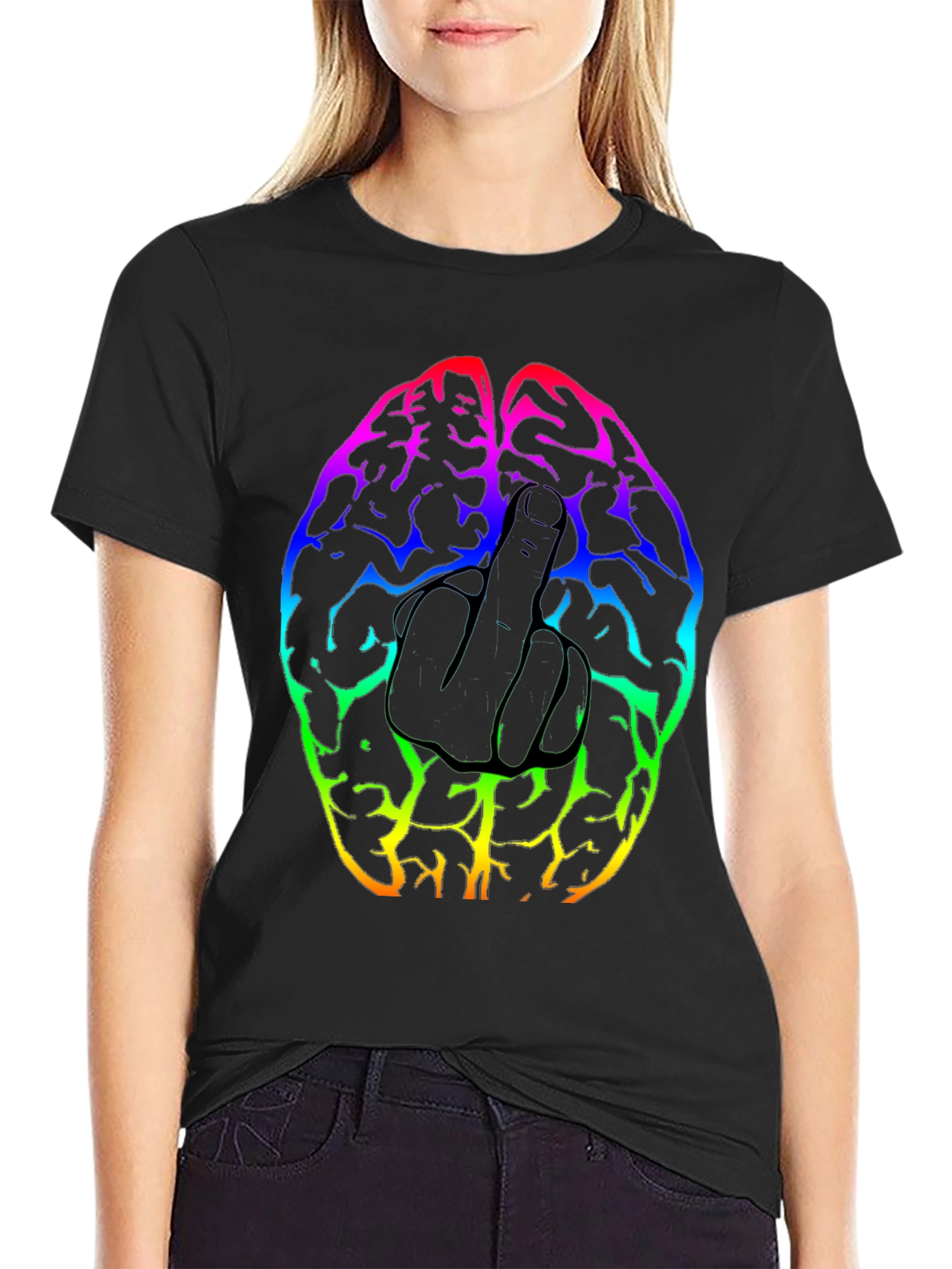 Black Rainbow Brain Middle Finger Graphic T-Shirt view 2