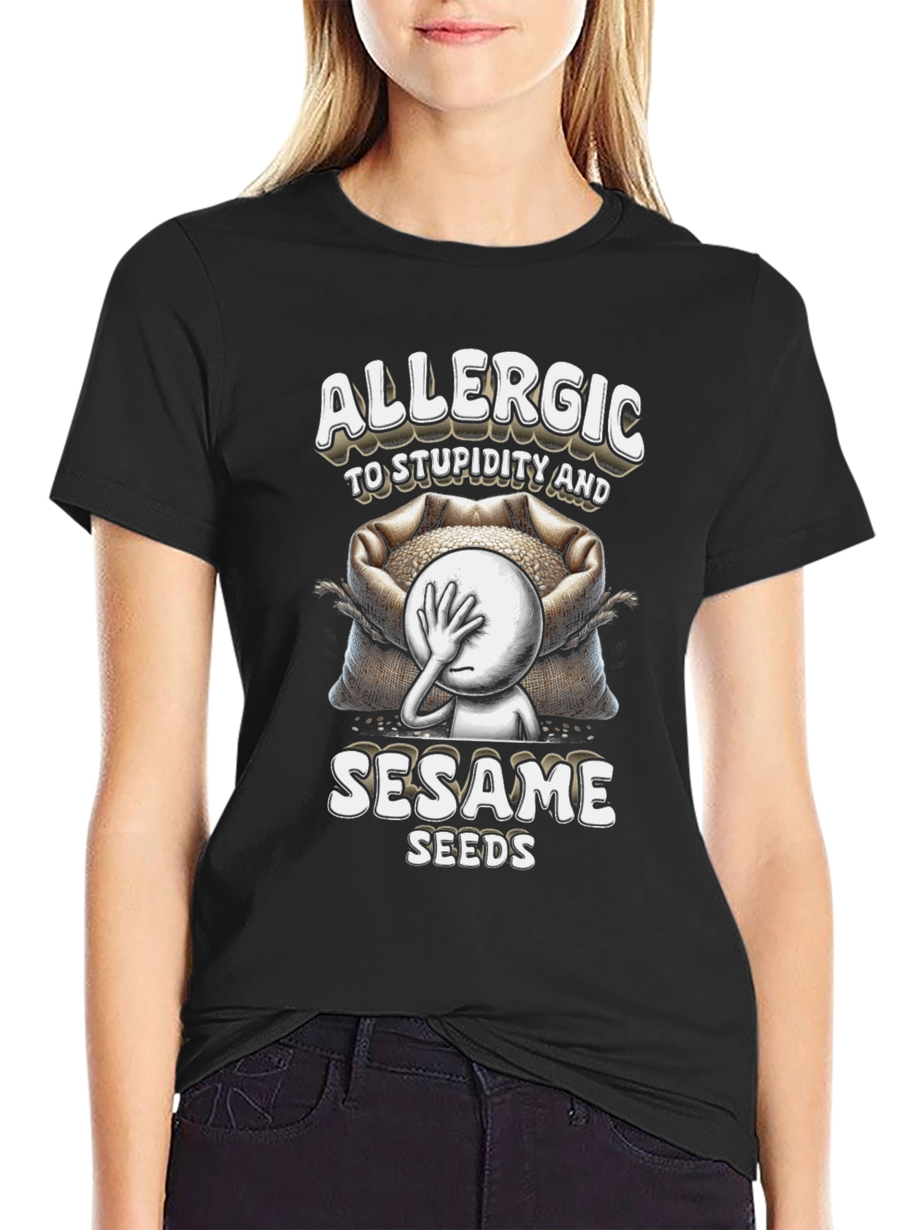 Black Allergic to Stupidity & Sesame Seeds T-Shirt view 2