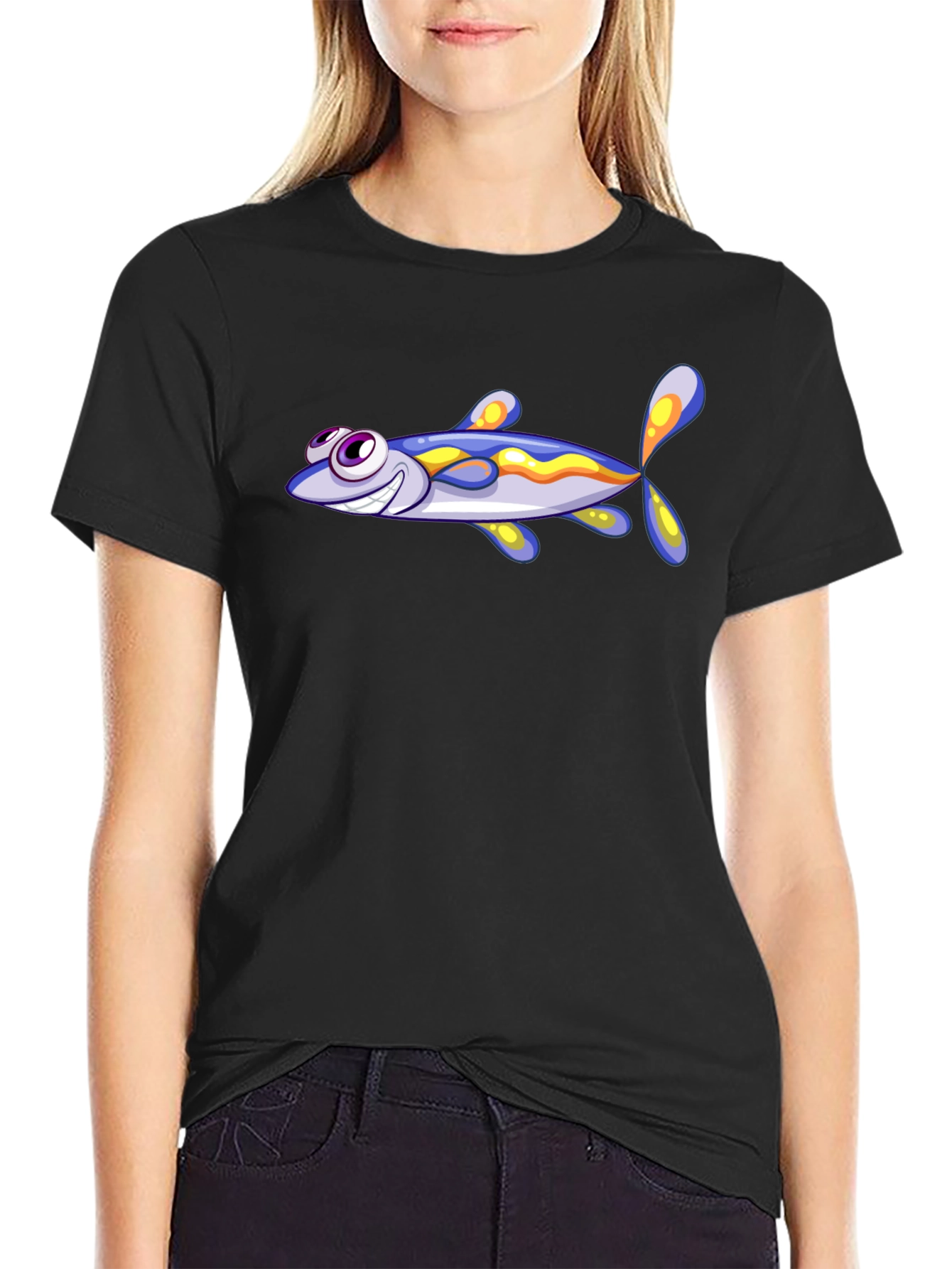 Black Cartoon Fish Graphic T-Shirt - Soft Cotton Blend view 2