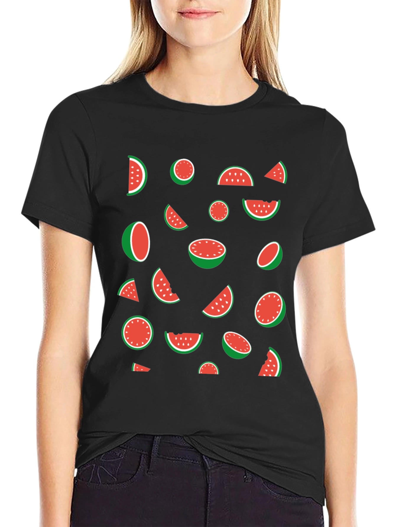 Black Watermelon Pattern Black T-Shirt view 2