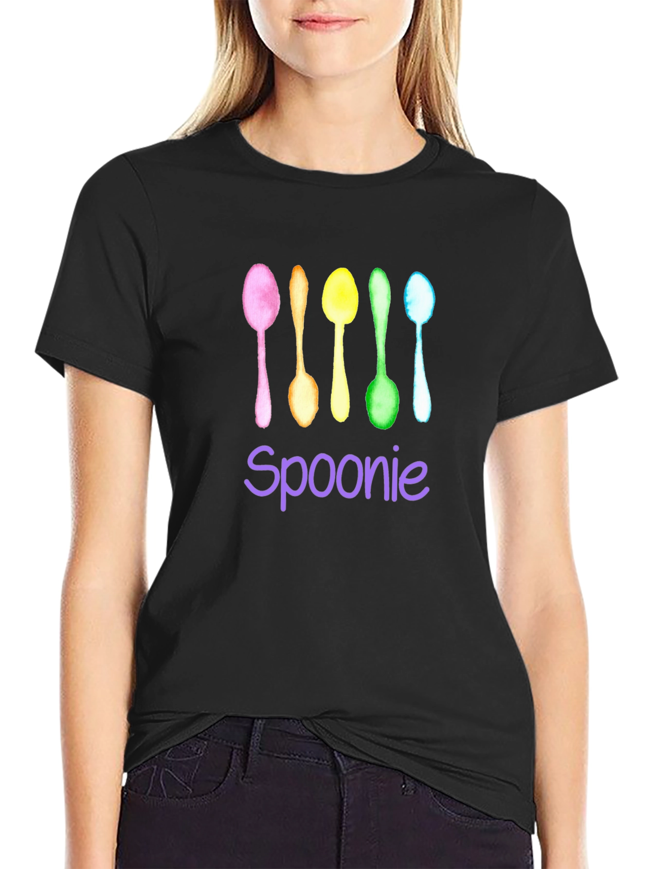 Black Spoonie T-Shirt - Colorful Watercolor Spoons view 2