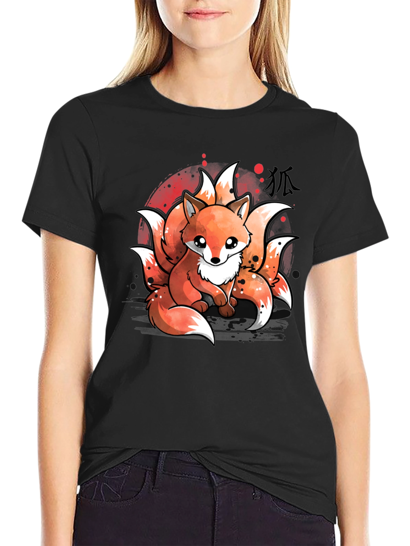Black Nine-Tailed Fox Graphic T-Shirt - Anime Design view 2