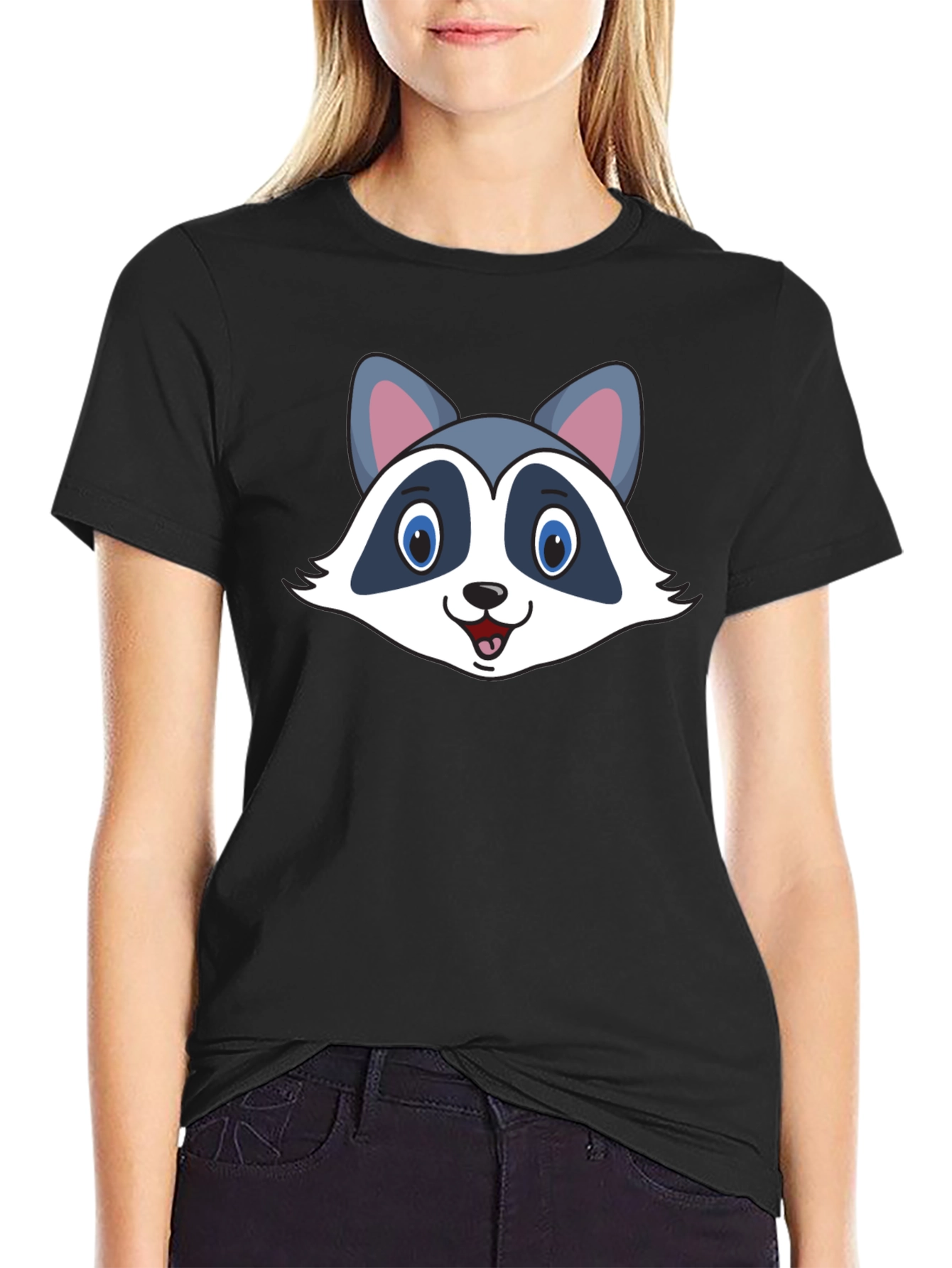 Black Cute Raccoon Graphic Black T-Shirt view 2