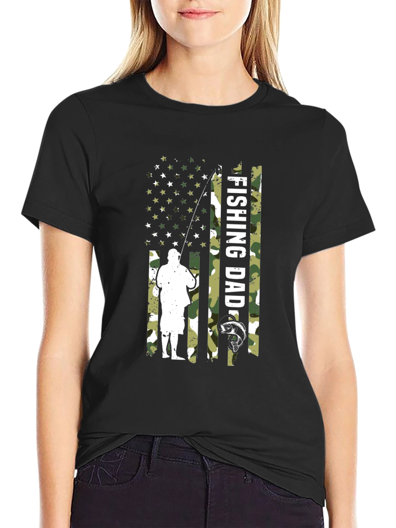 Black Fishing Dad Camo American Flag T-Shirt view 2