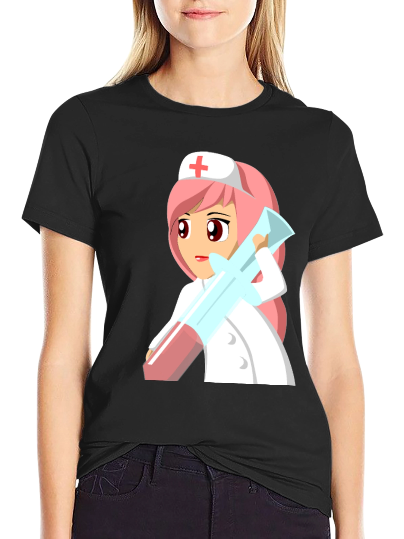Black Cartoon Nurse Graphic Tee - Unisex Black T-Shirt view 2