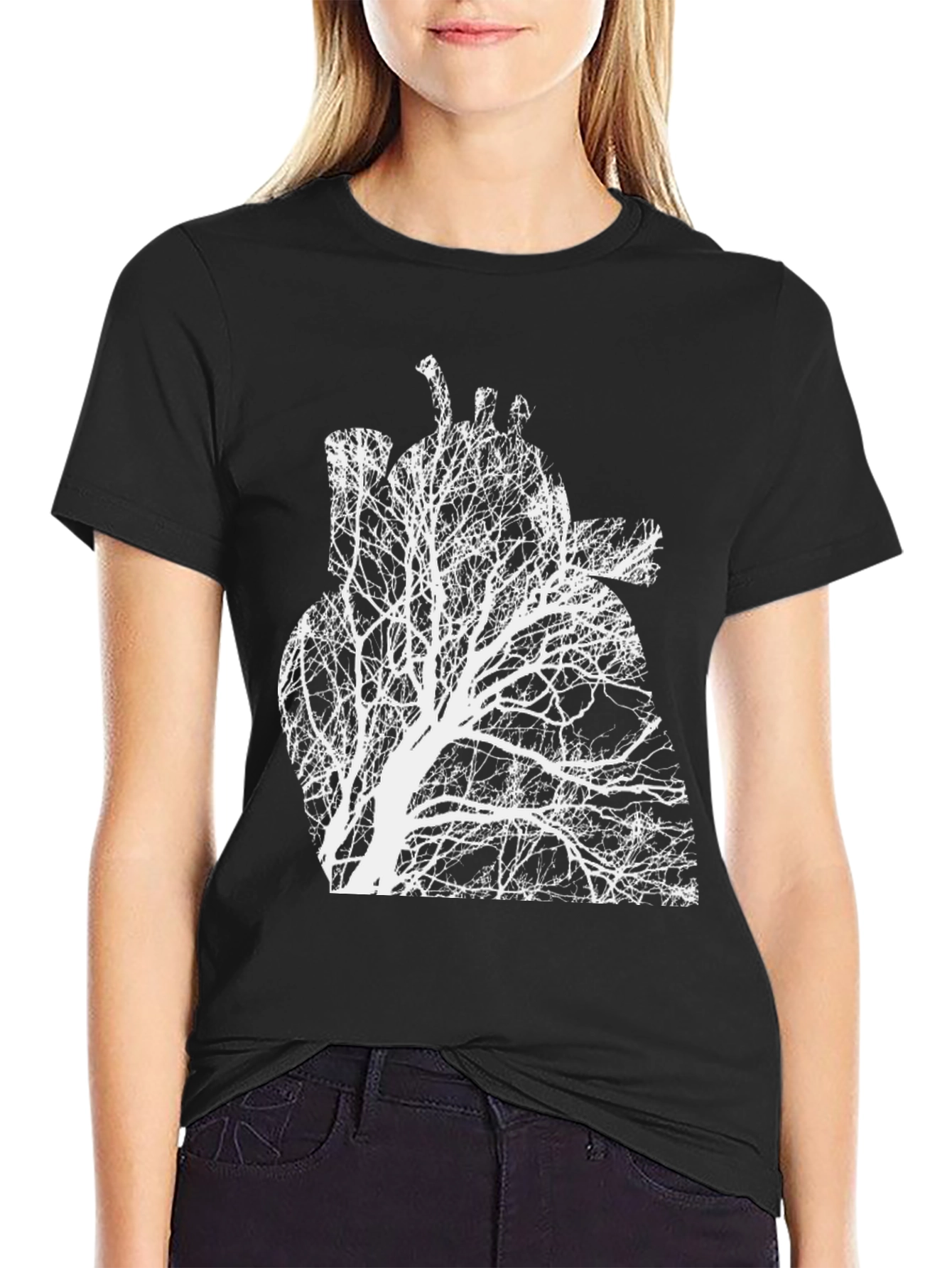 Black Arboreal Heart Tee - Black Graphic Print Crew Neck T-Shirt view 2