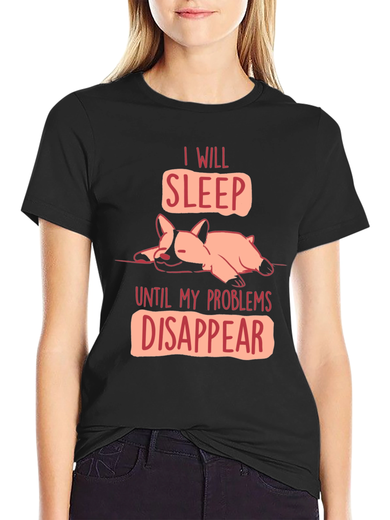 Black Funny Dog Sleep T-Shirt - Problems Disappear Tee view 2