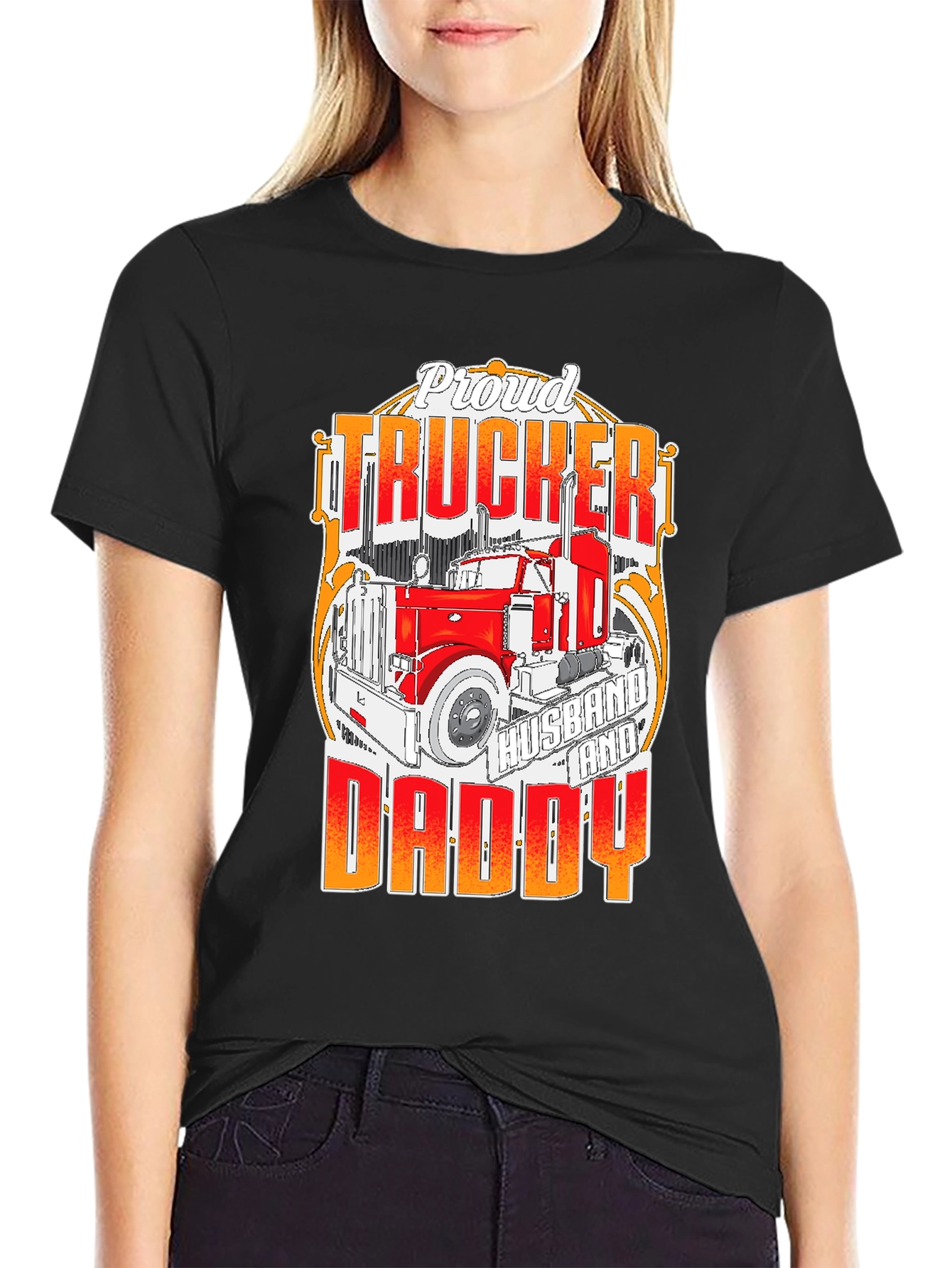 Black Proud Trucker Husband and Daddy T-Shirt view 2
