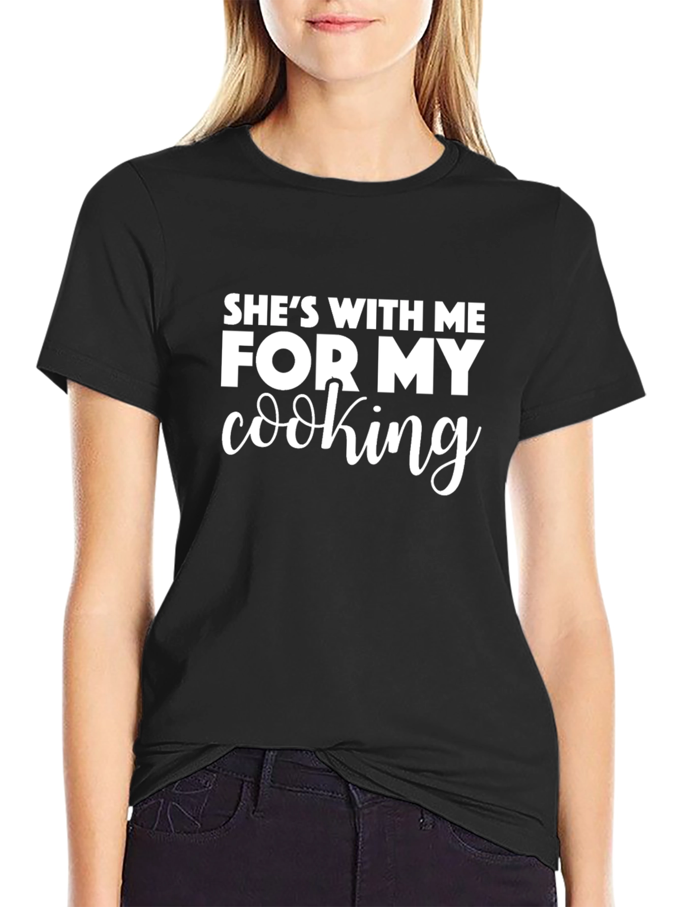 Black Funny 'She's With Me for My Cooking' Black T-Shirt view 2