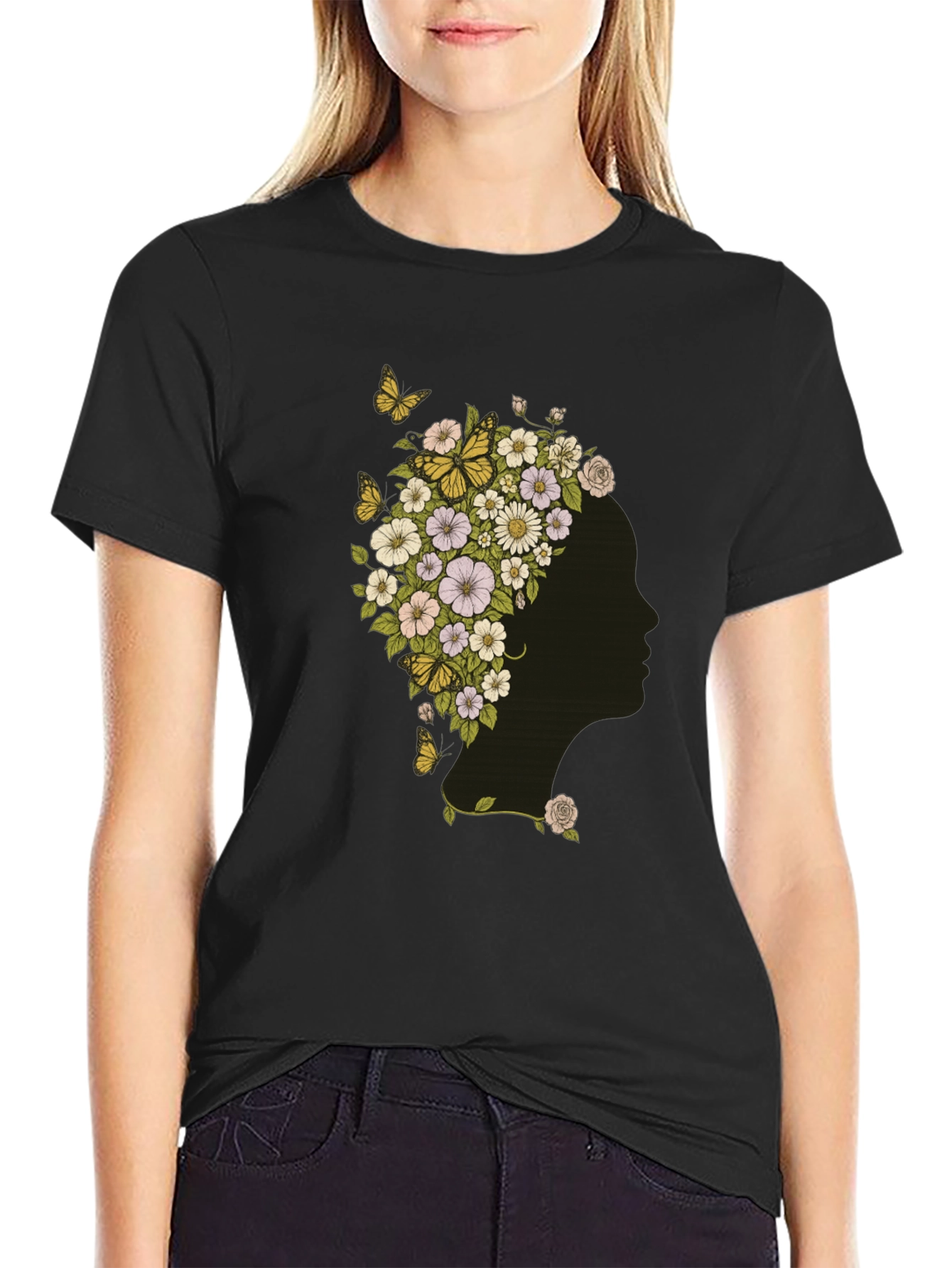 Black Floral Woman Graphic Tee - Black Cotton T-Shirt view 2