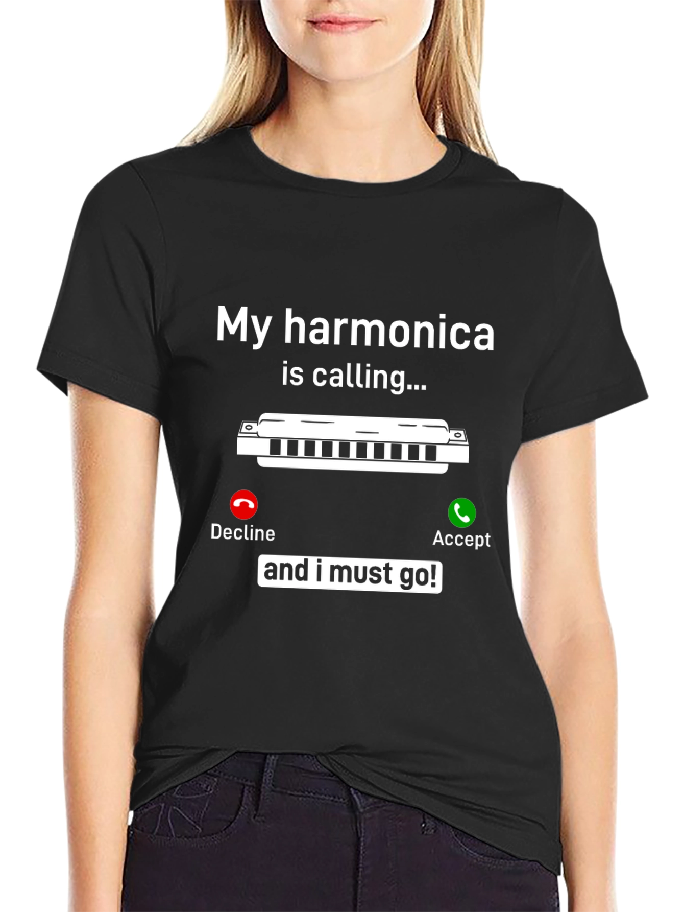 Black Harmonica Calling T-Shirt - Music Lover Tee view 2