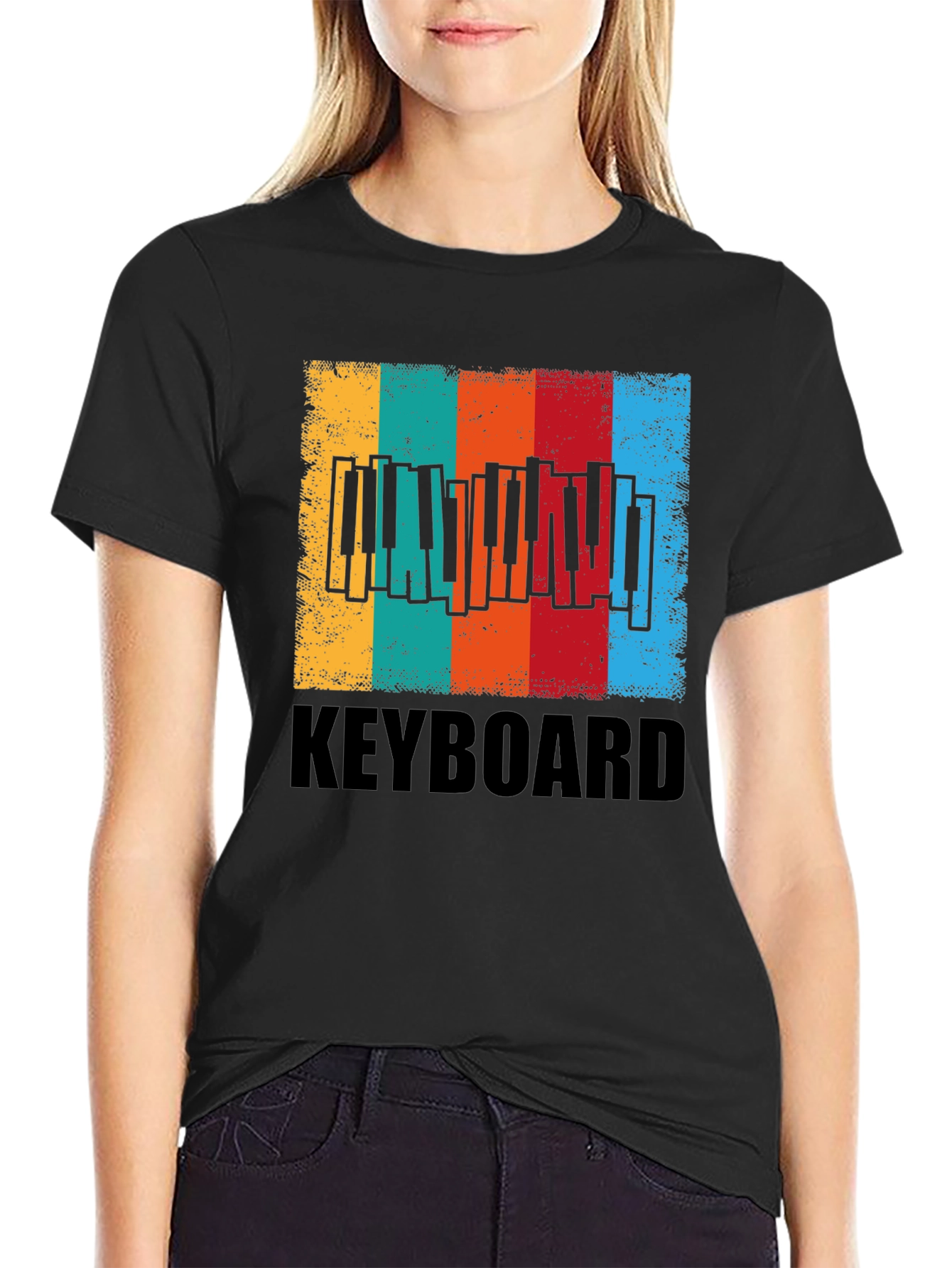 Black Vintage Keyboard Music T-Shirt view 2