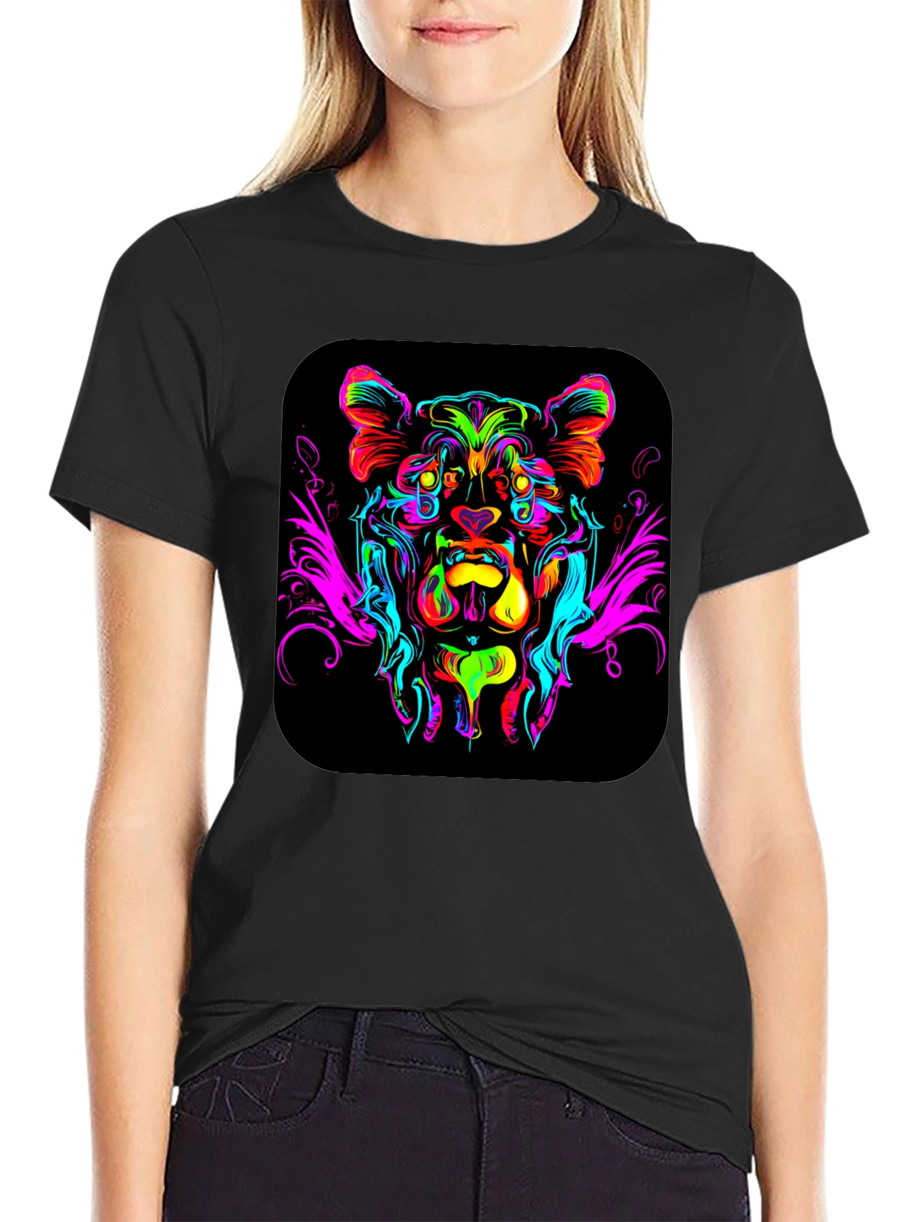 Black Vivid Lion Graphic Black T-Shirt view 2