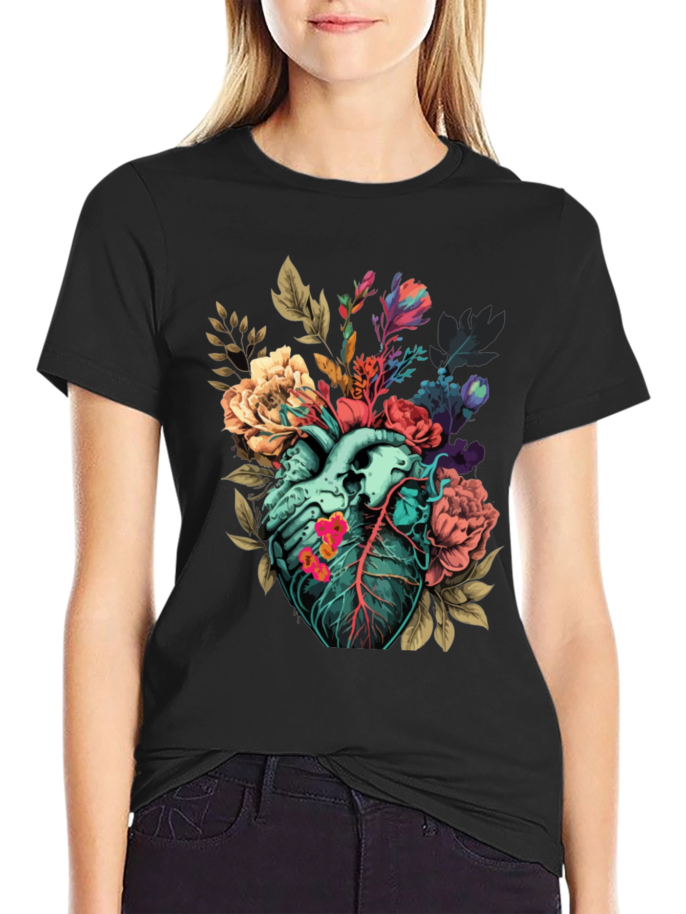 Black Floral Heart Print T-Shirt - Unique Anatomical Art view 2