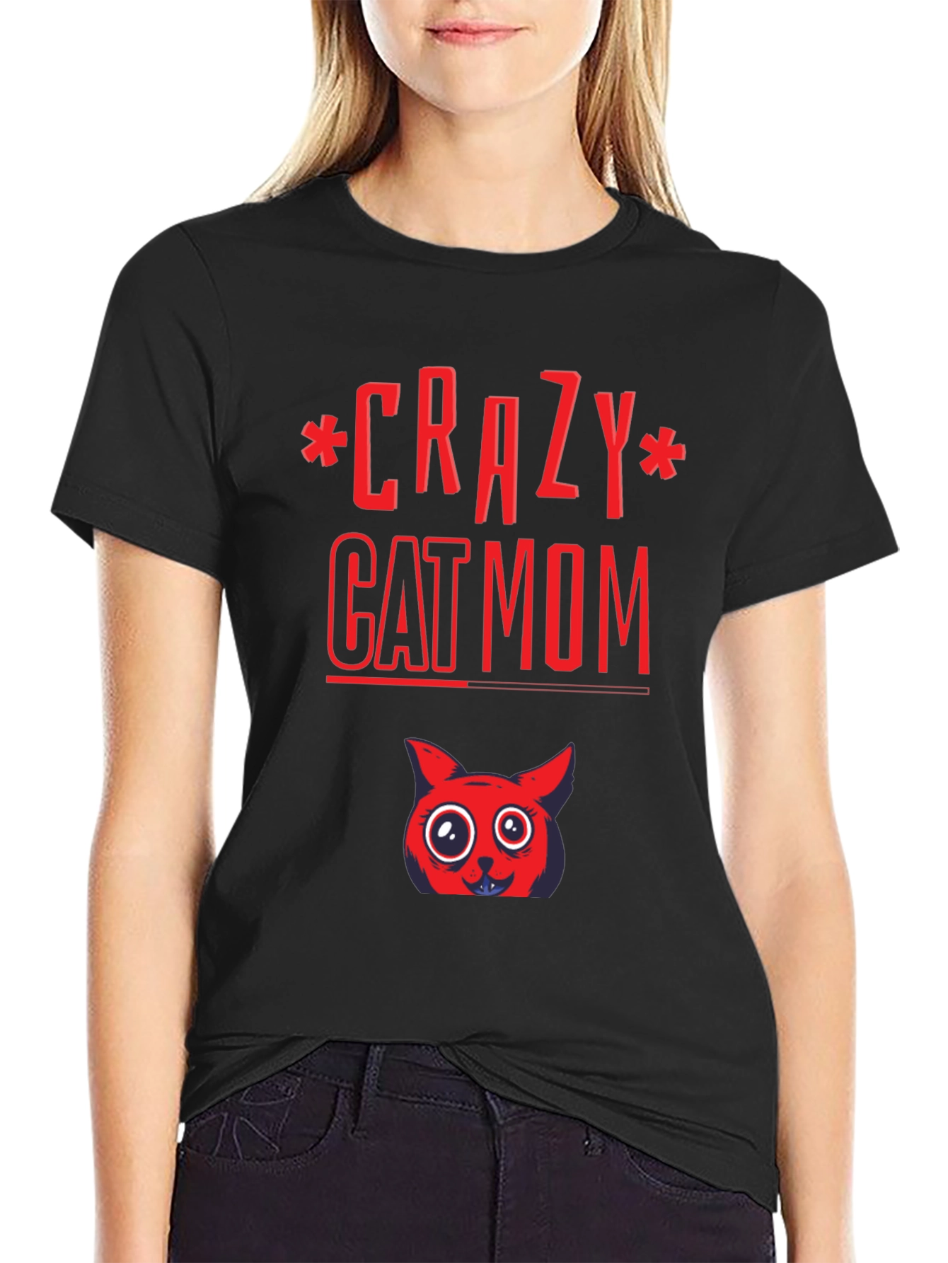 Black Crazy Cat Mom Graphic Tee - Soft Cotton Blend view 2