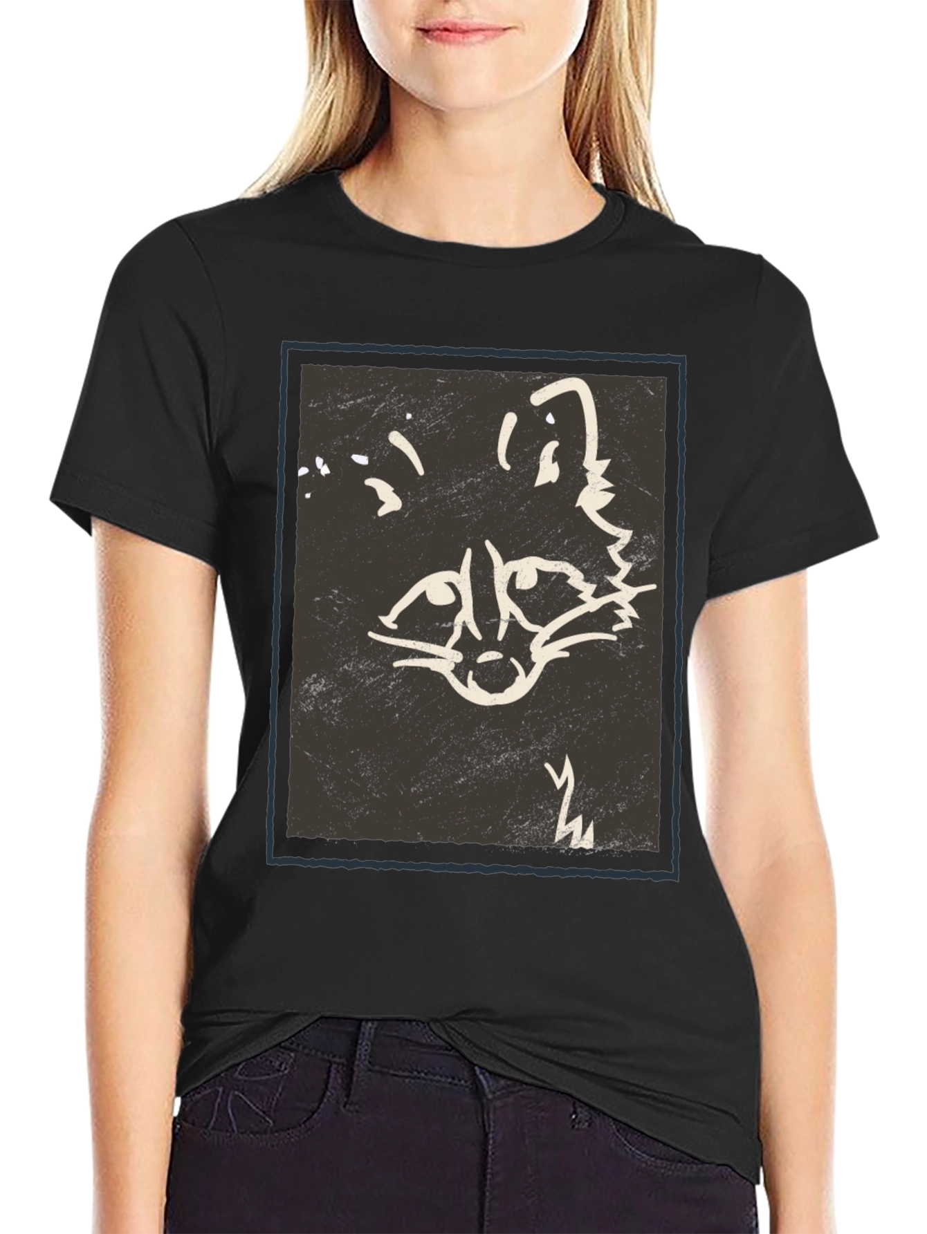 Black Abstract Raccoon Graphic Print Black T-Shirt view 2