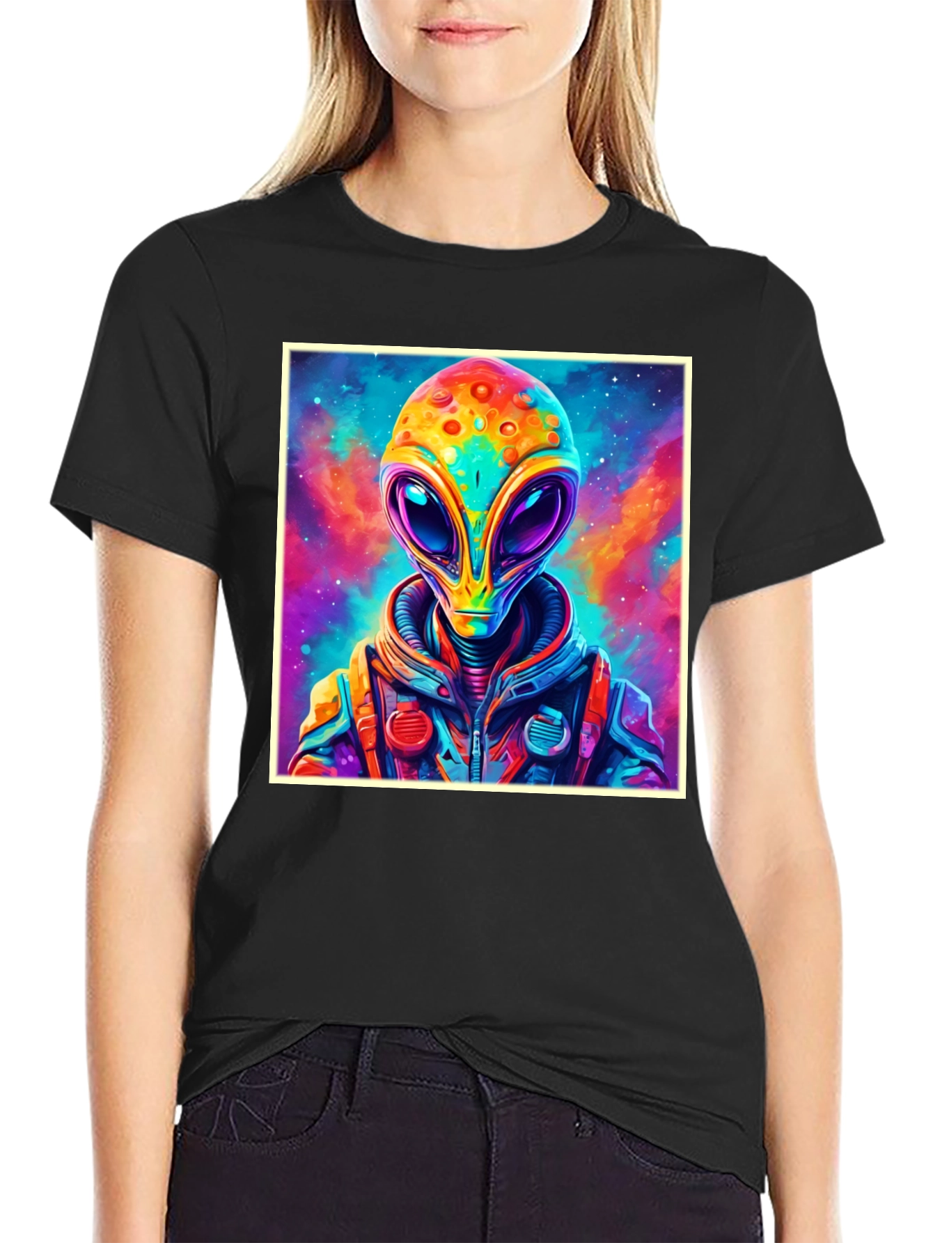 Black Colorful Alien Graphic Tee - Black Cotton T-Shirt view 2