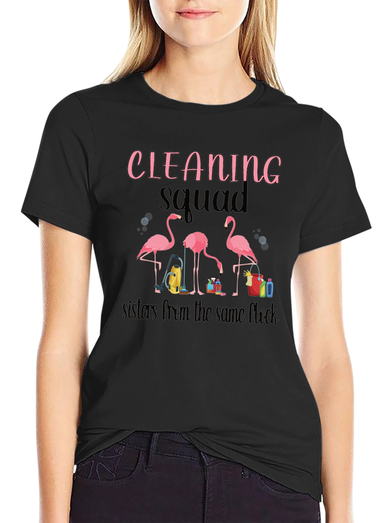 Black Cleaning Squad Flamingo Graphic T-Shirt view 2