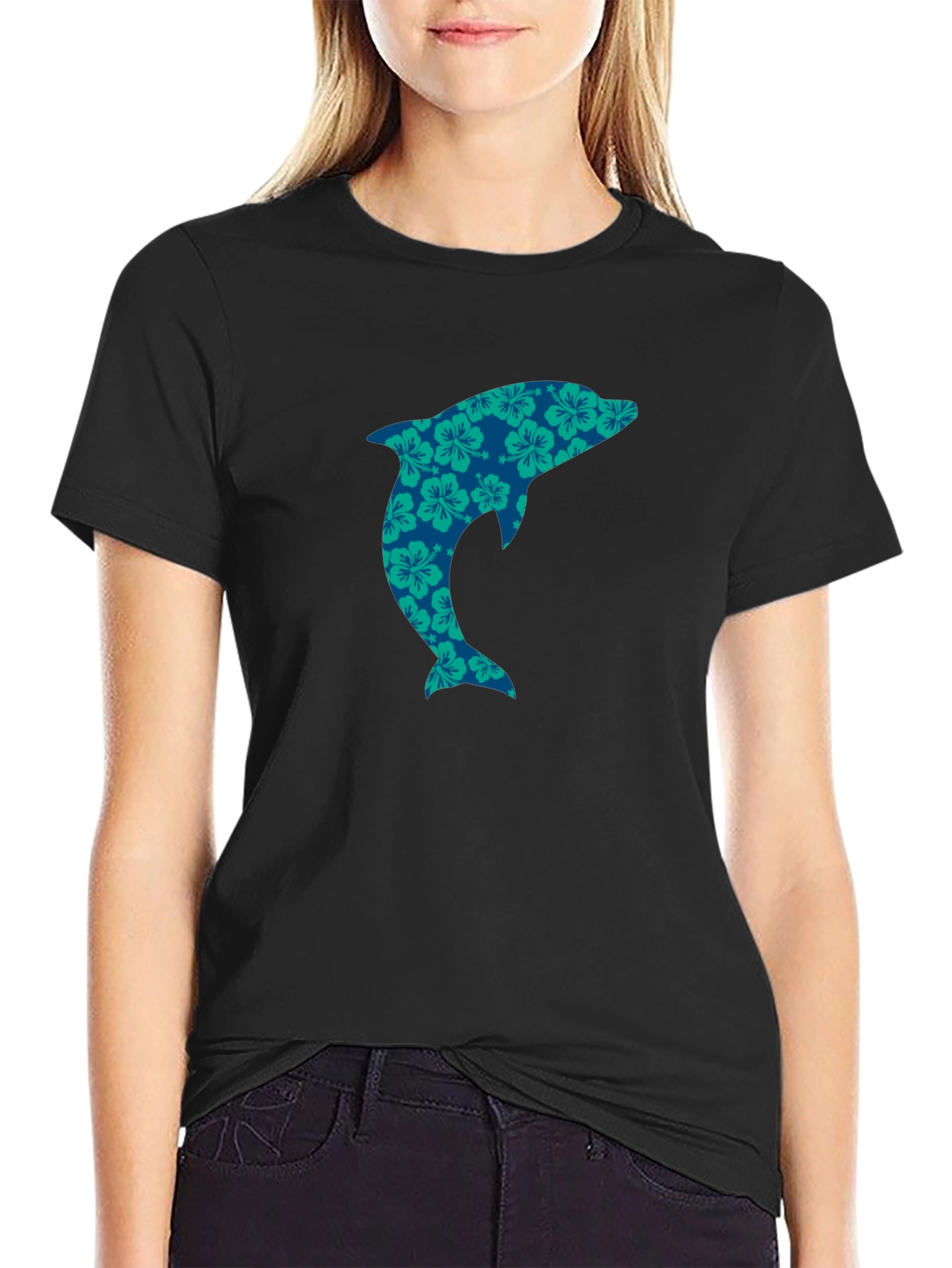 Black Floral Dolphin Graphic T-Shirt -  Casual Cotton Tee view 2