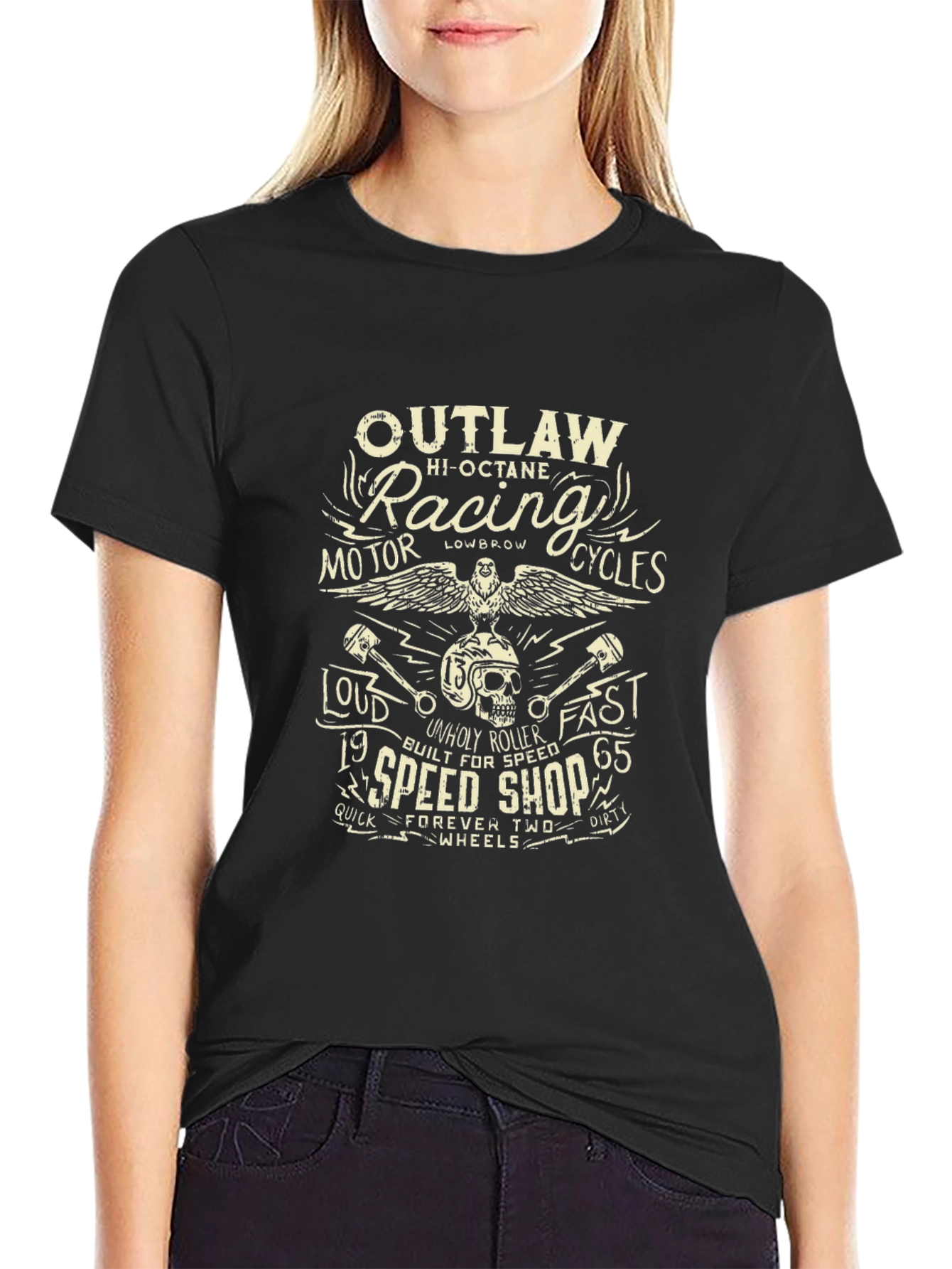 Black Outlaw Racing T-Shirt - Motor Cycles Speed Shop Tee view 2
