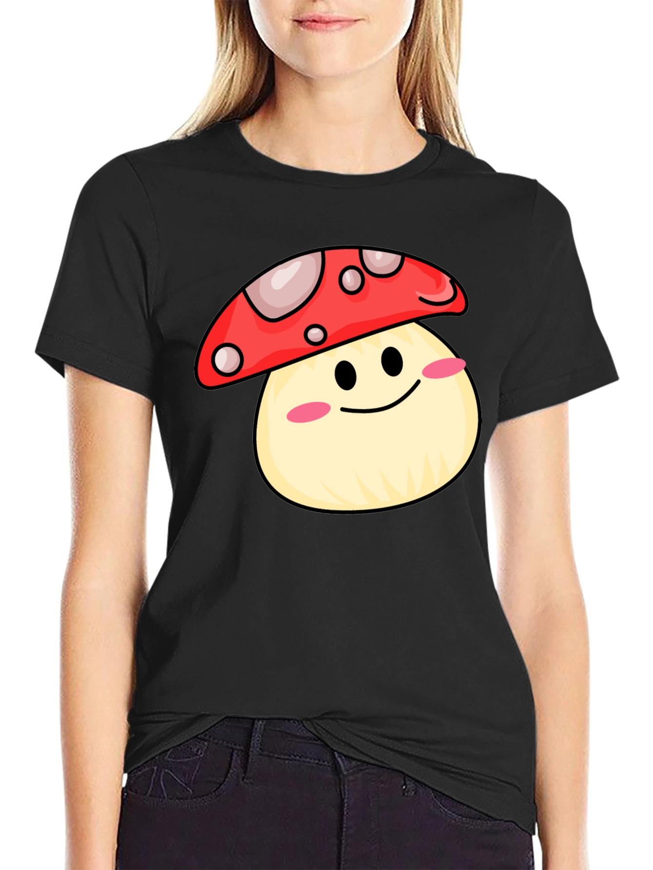 Black Cute Mushroom Graphic Tee - Black Cotton Shirt view 2