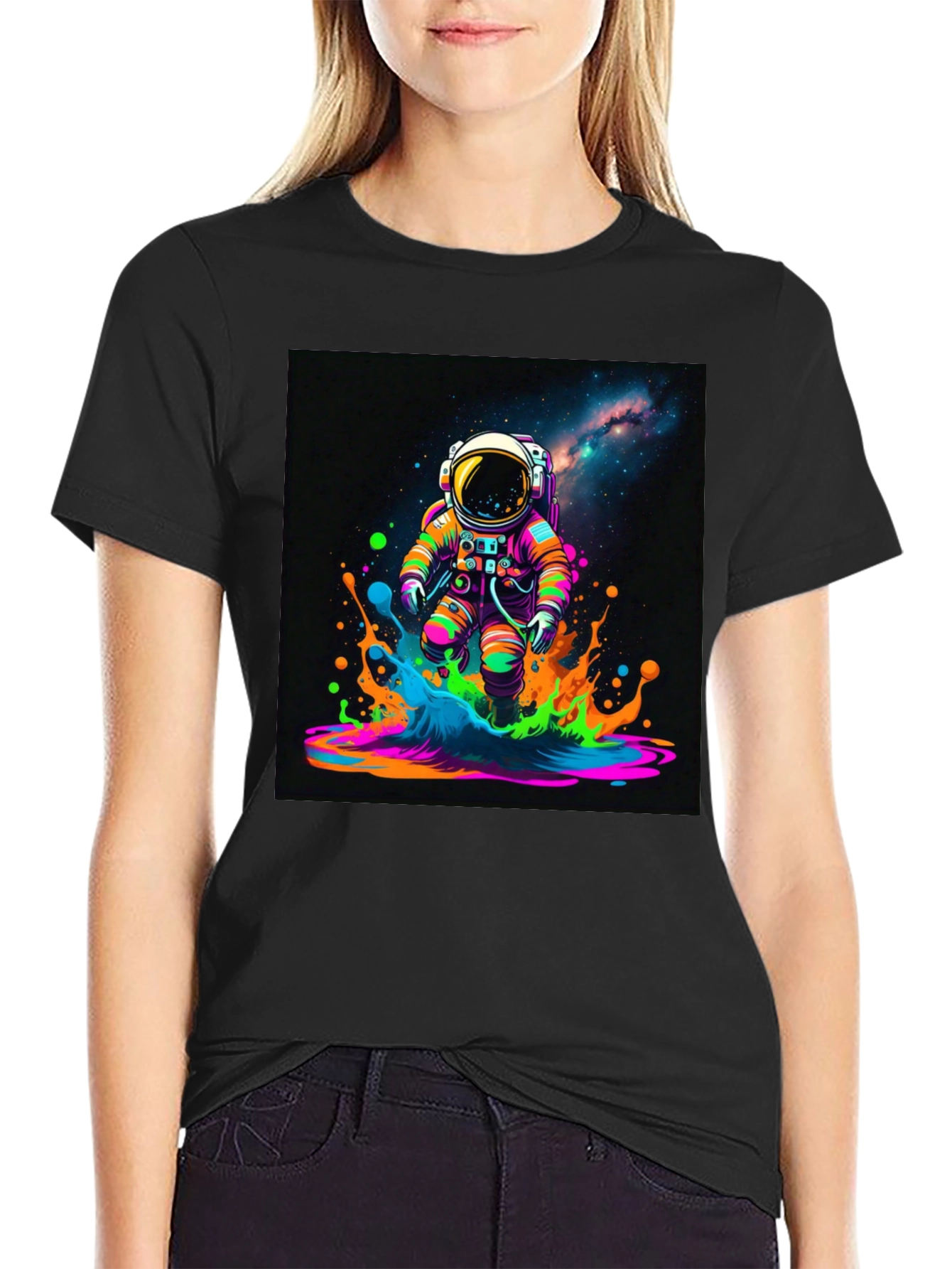 Black Astronaut Galaxy T-Shirt - Colorful Space Design view 2