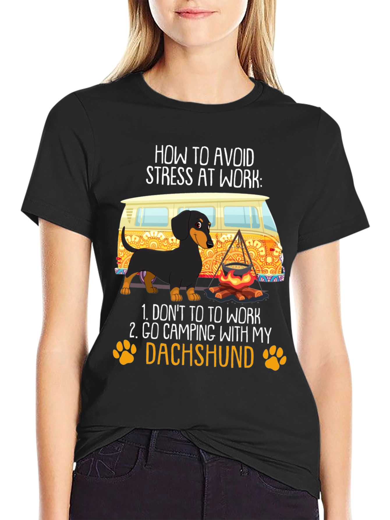 Black Avoid Stress Dachshund Camping T-Shirt view 2